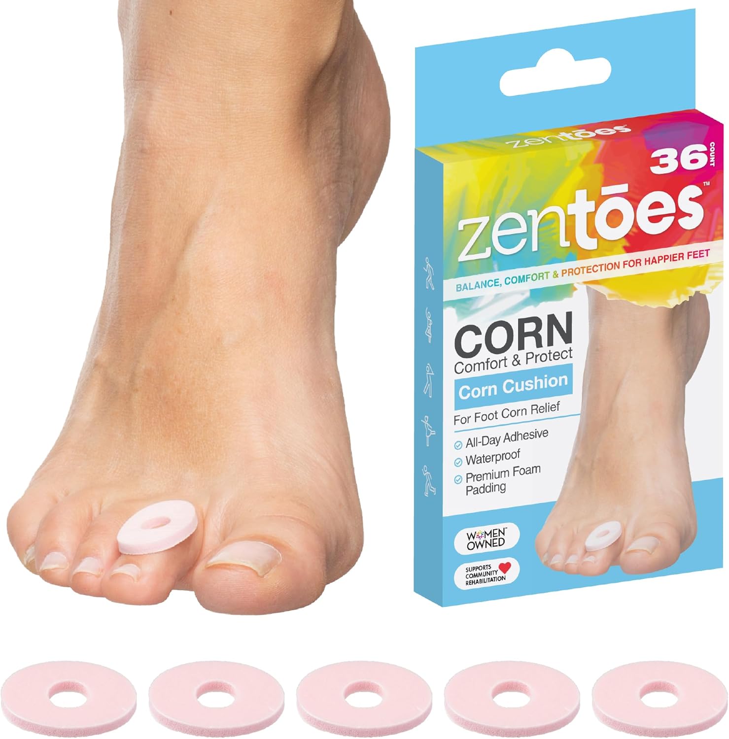 ZenToes Waterproof Corn Pads for Toes, Flexible, Skin-Safe Adhesive Corn Cushions, Thick Latex-Based Callus Cushions for Sensitive Skin, 36 Count