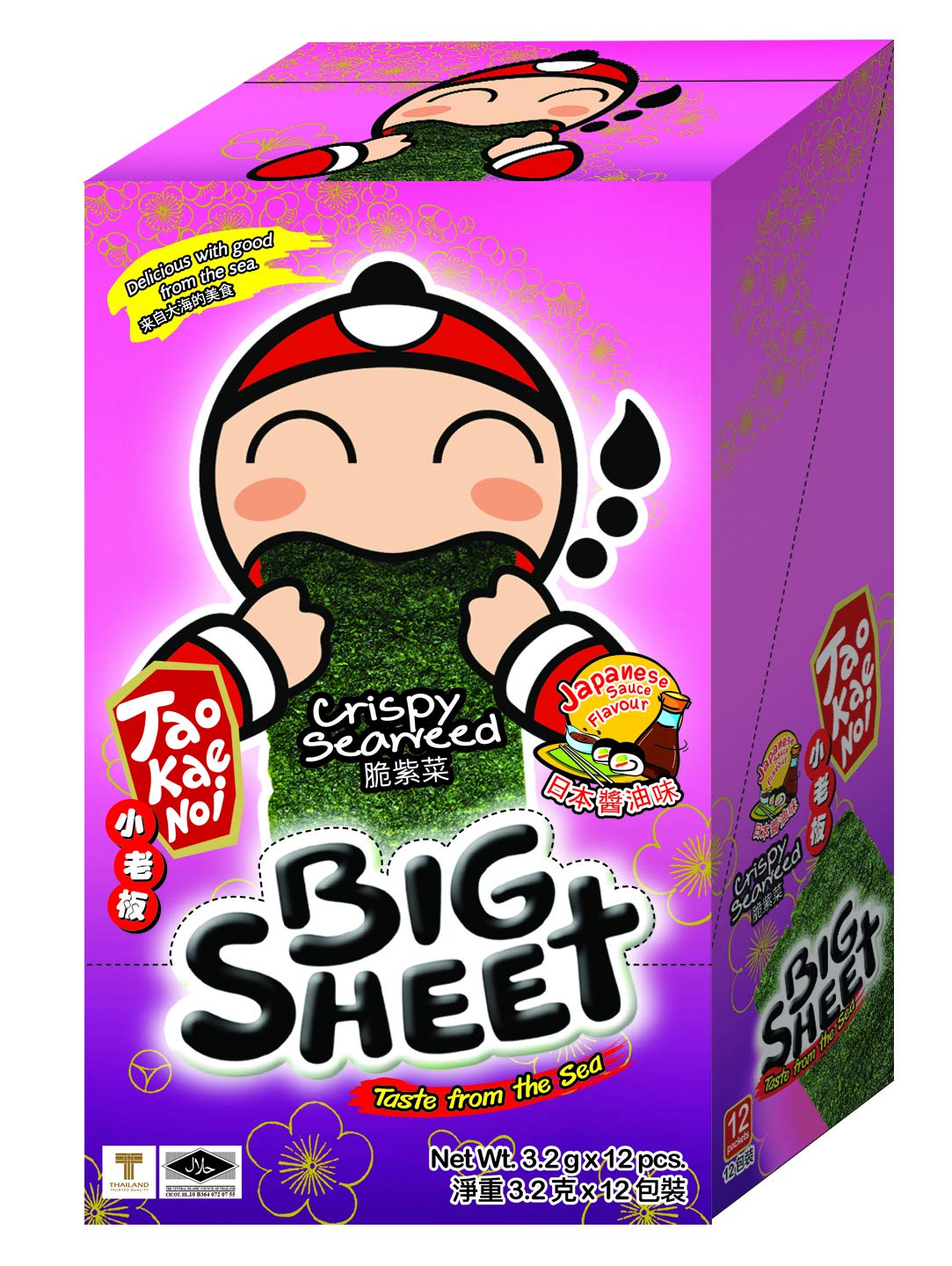 Big Crispy Seaweed Snack Sheets by Tao Kae Noi | Japanese Sauce Flavor Thai Seaweed Chip | Healthy Nori Snacks for Kids and Adults | Low Calorie Seaweed Sheets | 12 Individually Wrapped Sheets per Box, 3.2g each