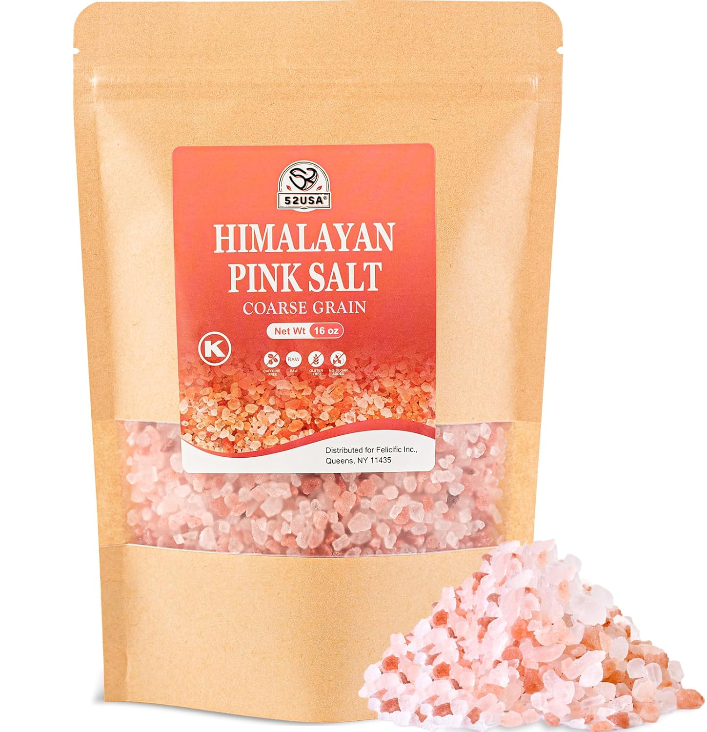 52USA Himalayan Pink Salt Coarse, Coarse Grain 1 lb, Pink Himalayan Sea Salt, Sea Salt for Grinder Refill, Himalayan Salt, Pink Salt, No Artificial Colors, No Additives, No Gluten, Kosher Certified