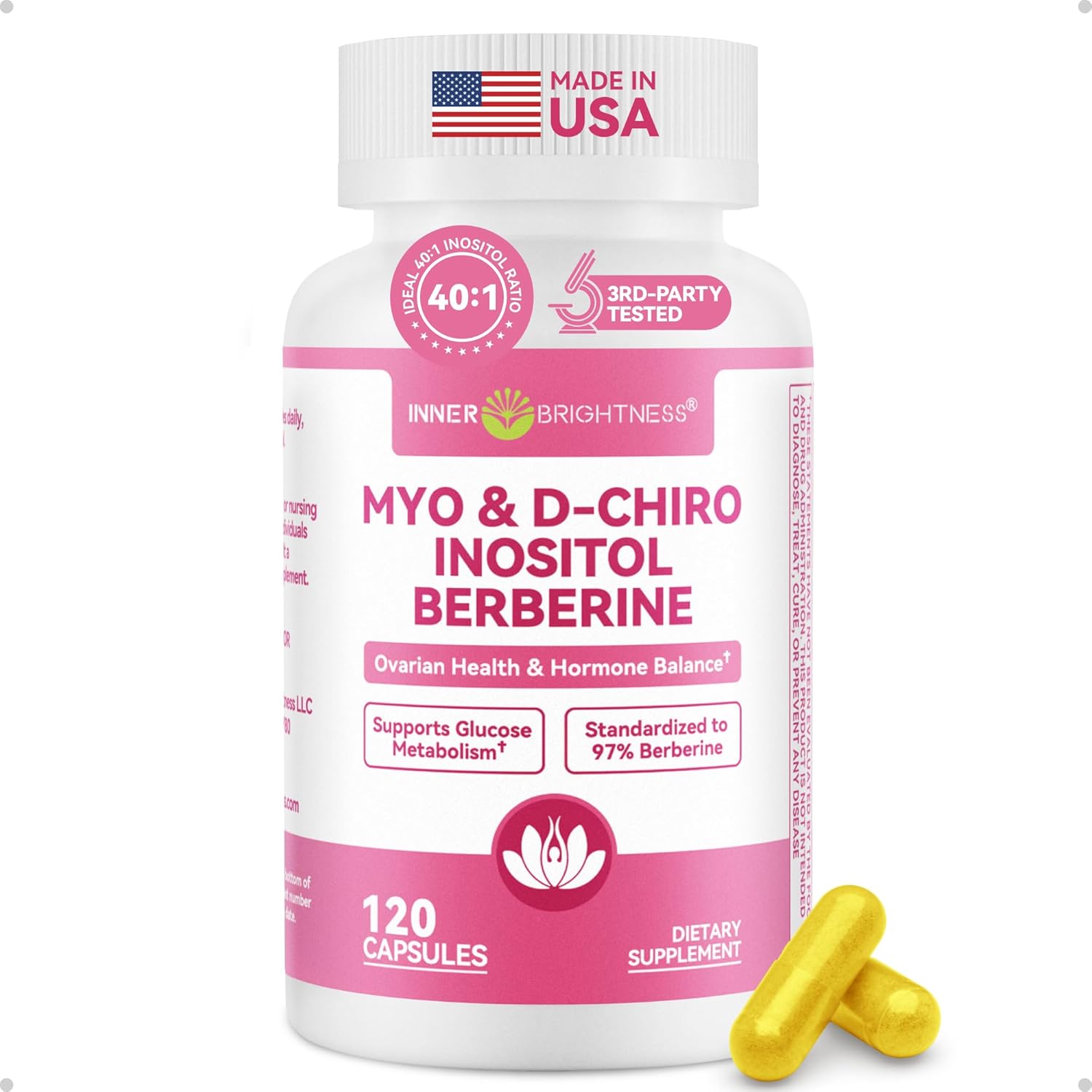 Myo-Inositol & D-Chiro Inositol Supplement for Women, Ideal 40:1 Ratio, with Berberine, Methyl Folate (L-5-MTHF) & Vitamin D, Supports Hormonal Balance, Regular Cycles & Ovarian Health, 120 Capsules