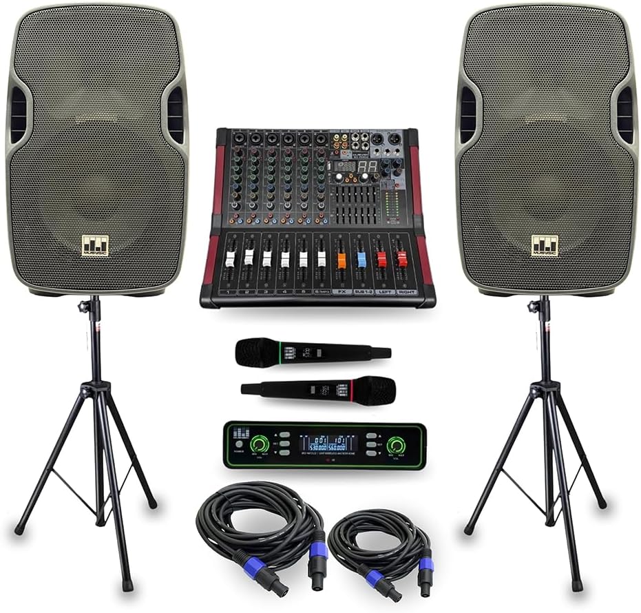 MUSYSIC Portable PA System with 2000W Amp & Wireless UHF Microphone System. 6 Ch Audio Mixer with Multiple Inputs. pa system with wireless microphone and speakers, Complete w/Stands - 10" Speaker 800W