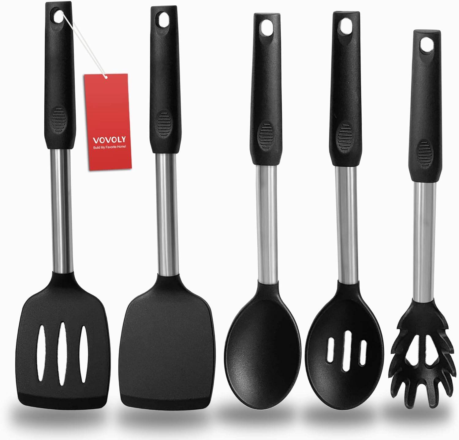 Silicone Spatula and Cooking Spoon,5 Pack Non-Stick Cooking Utensils for Kitchen,Heat Resistant Solid & Slotted Spoons and Spatulas, Stainless Steel Handle Coated with Silicone,Black