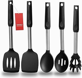 Silicone Spatula and Cooking Spoon,5 Pack Non-Stick Cooking Utensils for Kitchen，Heat Resistant Solid & Slotted Spoons and Spatulas, Stainless Steel Handle Coated with Silicone,Black