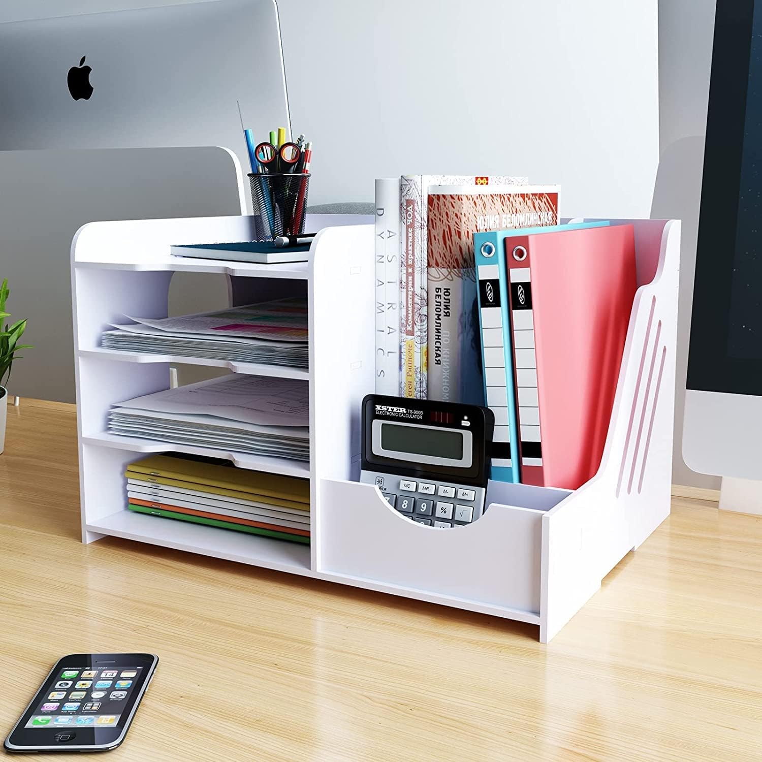 PUNCIA 4-Tier Office White Letter Tray Desk Tidy Organiser A4 File Rack Paper Sorter Storage with Vertical Horizontal All in One Supplies Storage Box Desktop Magazine File Holder