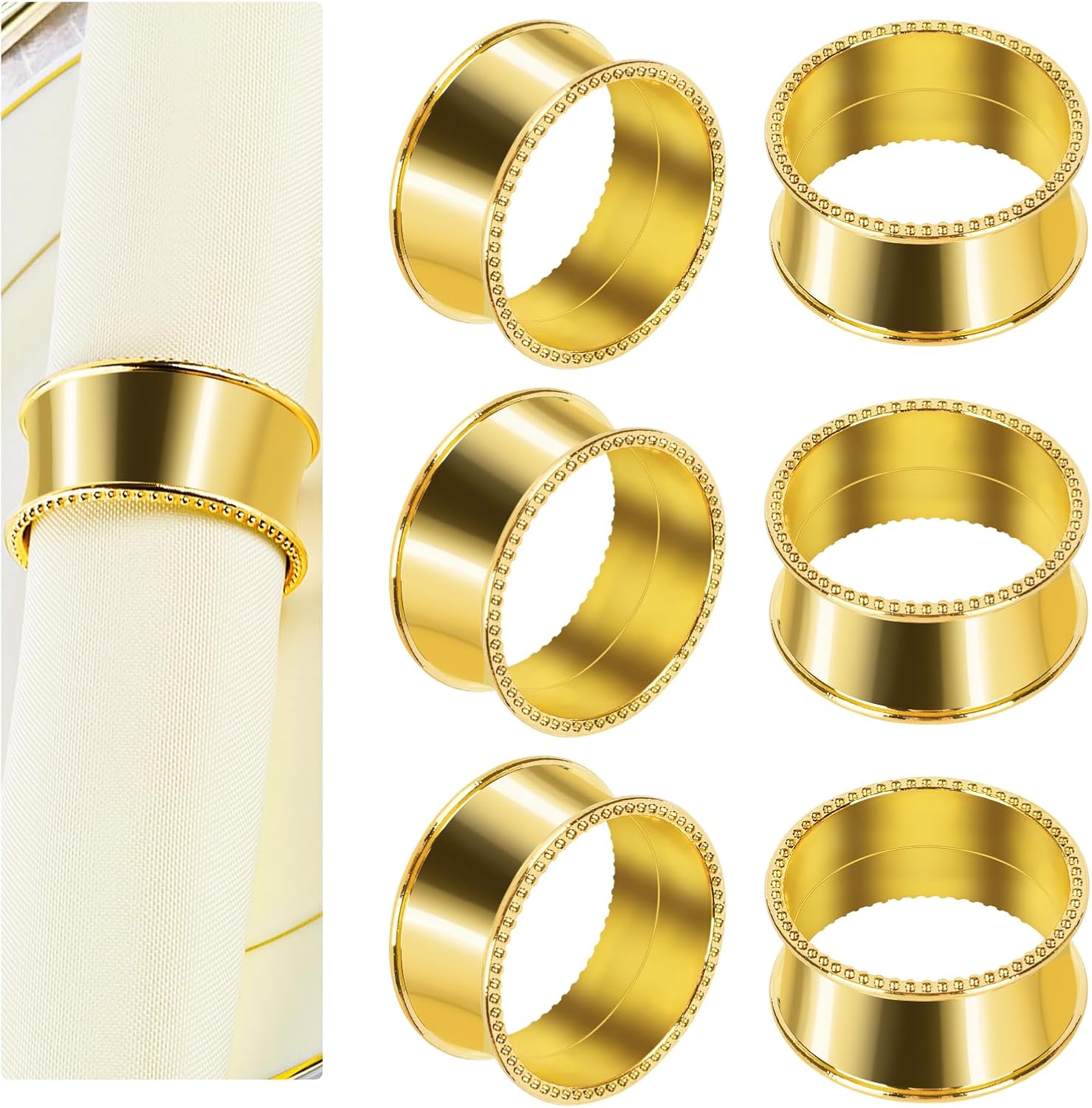 Napkin Rings with Stainless Steel Beads, Fine Napkin Buckles, Gold (Pack of 12)