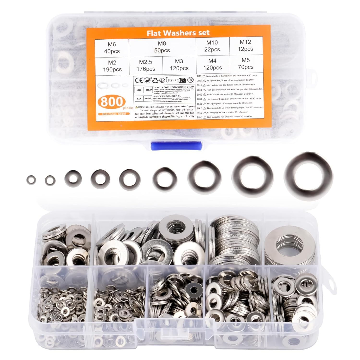 800 Pcs Stainless Steel Flat Washers for Screws, Metal Washer for Bolts, M2 M2.5 M3 M4 M5 M6 M8 M10 M12 Washers Assorted, Washer Hardware Assortment for Repair Home Construction