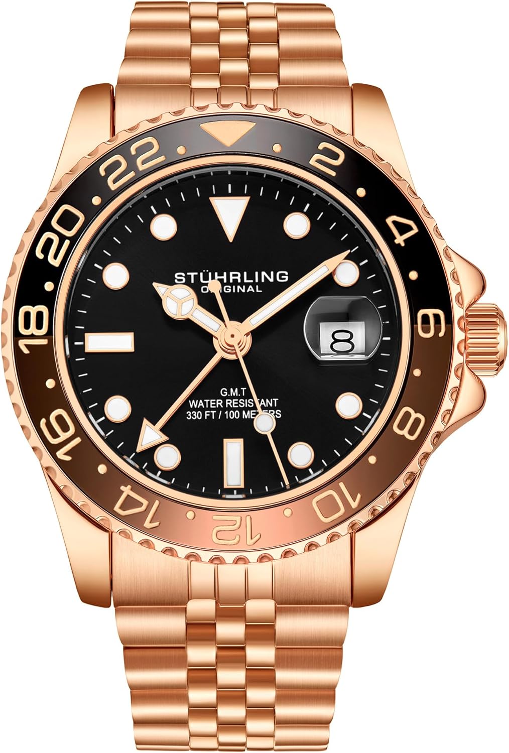 Stuhrling Original Men's Stainless Steel Triple Row Bracelet GMT Watch Quartz Dual Time, Quickset Date with Screw Down Crown Water Resistant up to 10 ATM, Black