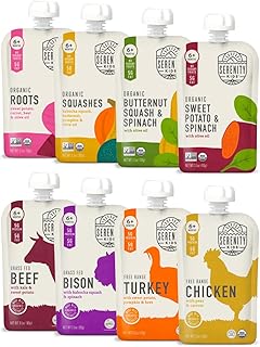 Serenity Kids 6+ Months Baby Food Pouches Puree Made With Ethically Sourced Meats & Organic Veggies | No Sugary Fruits or Added Sugar | Allergen Free | 3.5 Ounce BPA-Free Pouch | Variety Pack | 8 Count