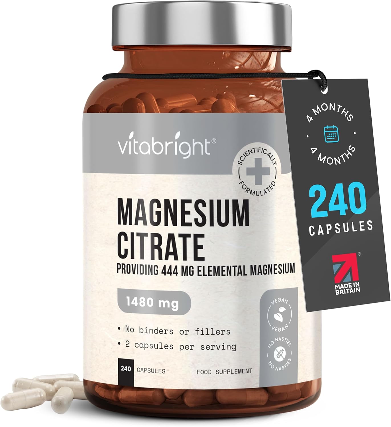 Magnesium Citrate Capsules 1480mg | 444mg Elemental | 4 Months | Electrolytes & Hydration - Regular Daily Use | Magnesium Supplements for Women & Men | Not Powder or Tablets | VitaBright