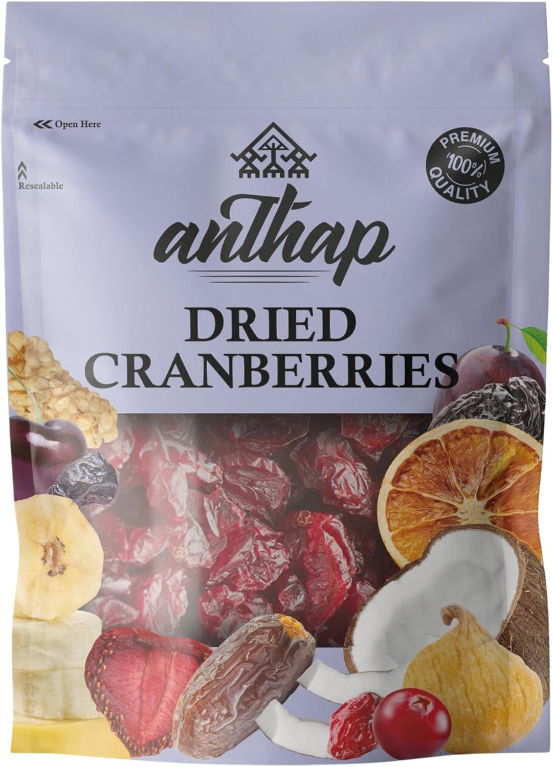 Anthap Dried Cranberries, Sweet & Tart Flavour, Ideal for Trail Mix, Salads & Cereals, Resealable Bag, Perfect for Snacking and Baking, Rich in Antioxidants, High in Fibre, 1kg