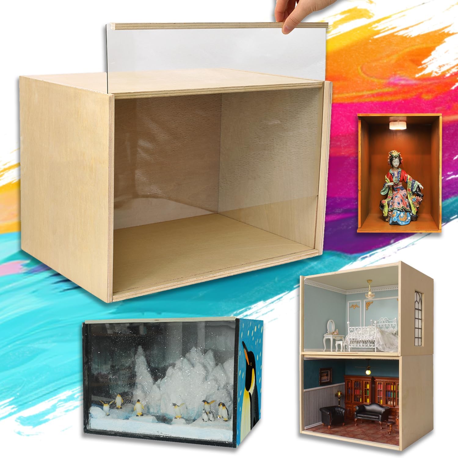 iLAND Wooden Diorama Box Large Display Boxes for Collectibles Figures Miniatures and a Dollhouse Room Box Unfinished 15.7“x 11”x11“ Quick-Build Without Screws or Glue, Dustproof Smooth Sturdy