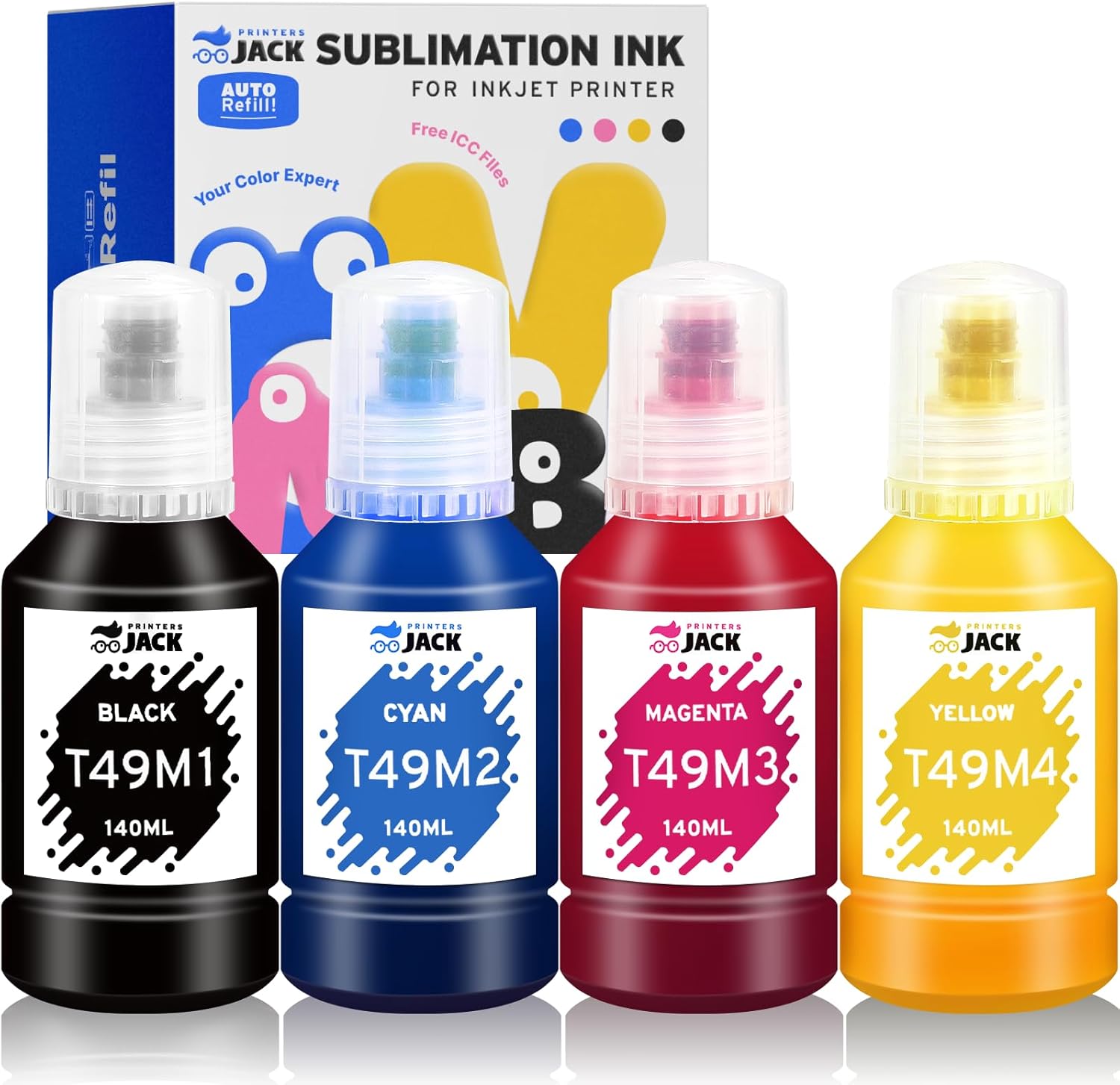 Printers Jack T49M Sublimation Ink for F170 F570 Sublimation Printer(T49M1 T49M2 T49M3 T49M4 ICC-Free/Autofill/Anti-UV) 560ML Sublimation Ink