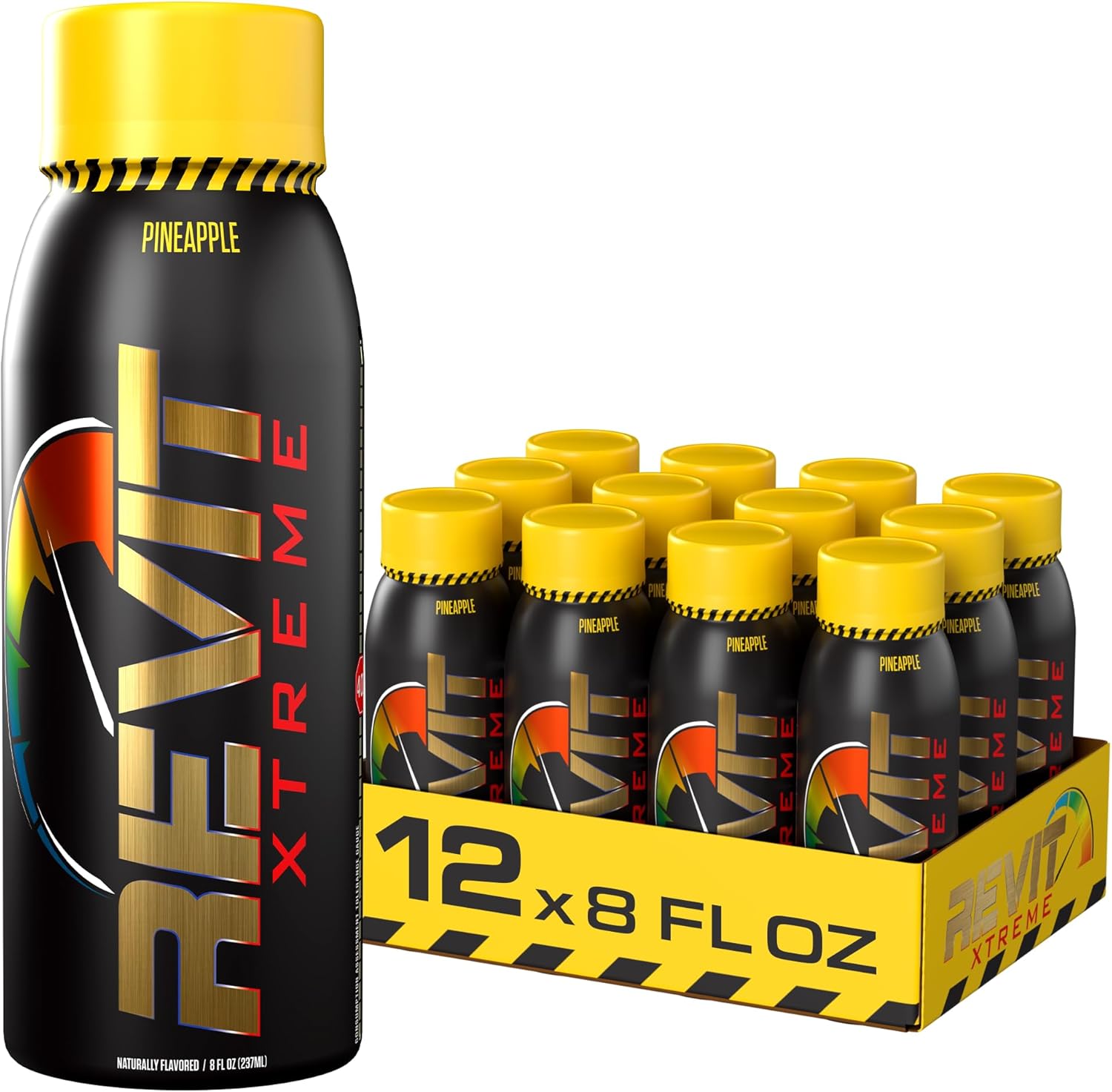 Steel Revit Xtreme Energy Drink Pineapple 8oz (12-Pack) | 375mg Caffeine, 7 Essential Vitamins| Sugar-Free, Resealable Cap, All-Day Energy
