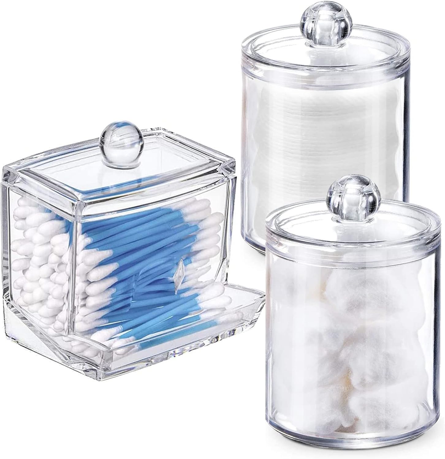 Swab Holder Canisters with Lid, Bathroom Qtip Dispenser Apothecary Jars, Clear Plastic Cotton Ball Pad Container for Cotton Swabs, Q-Tips, Make Up Pads, Cosmetics