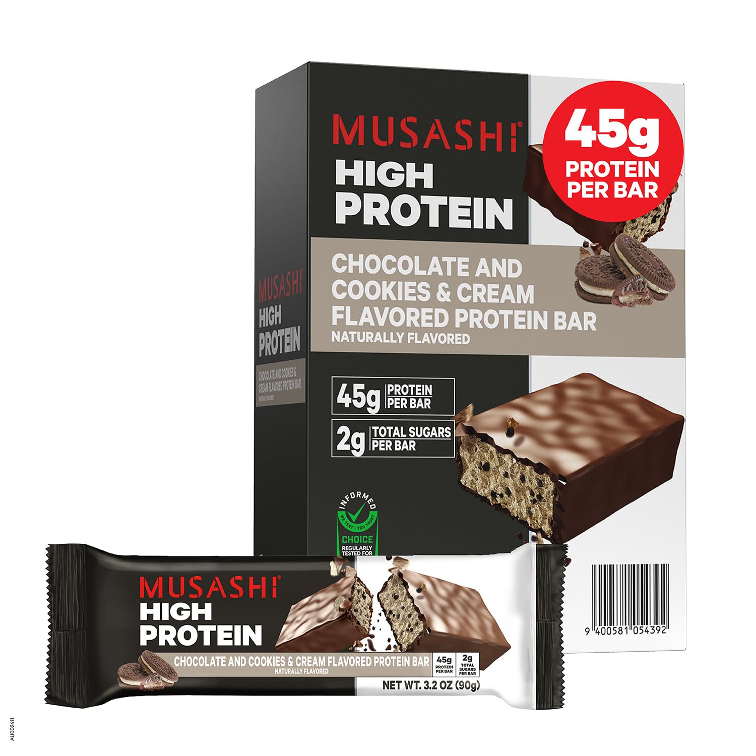 MUSASHI High Protein Bar, 45g Protein, Chocolate & Cookies & Cream