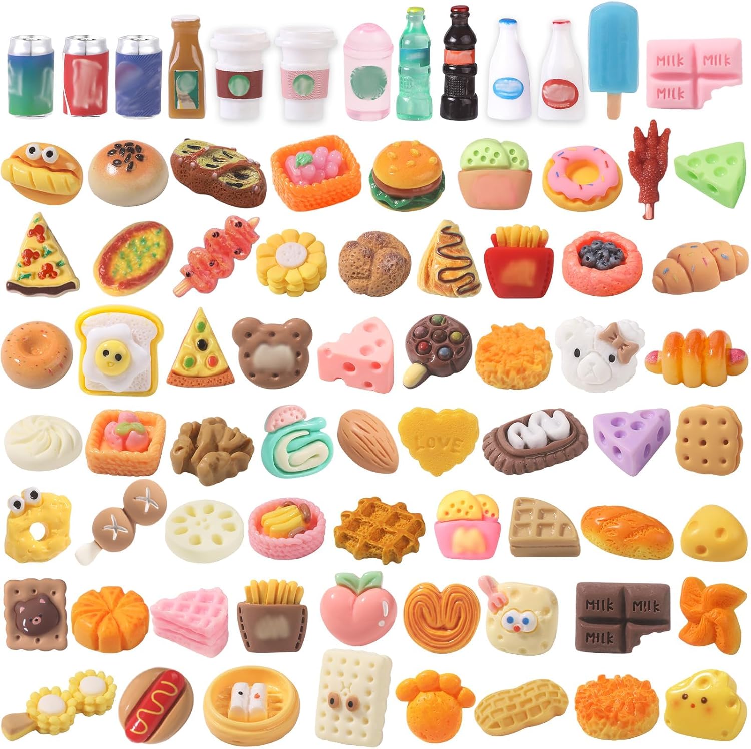 XIMISHOP 100Pcs Miniature Food Drink，Tiny Resin Pretend Foods Drink Bottles Model for Dolls House Accessories Pretend Play Kitchen Game Children Party Role Play Toys