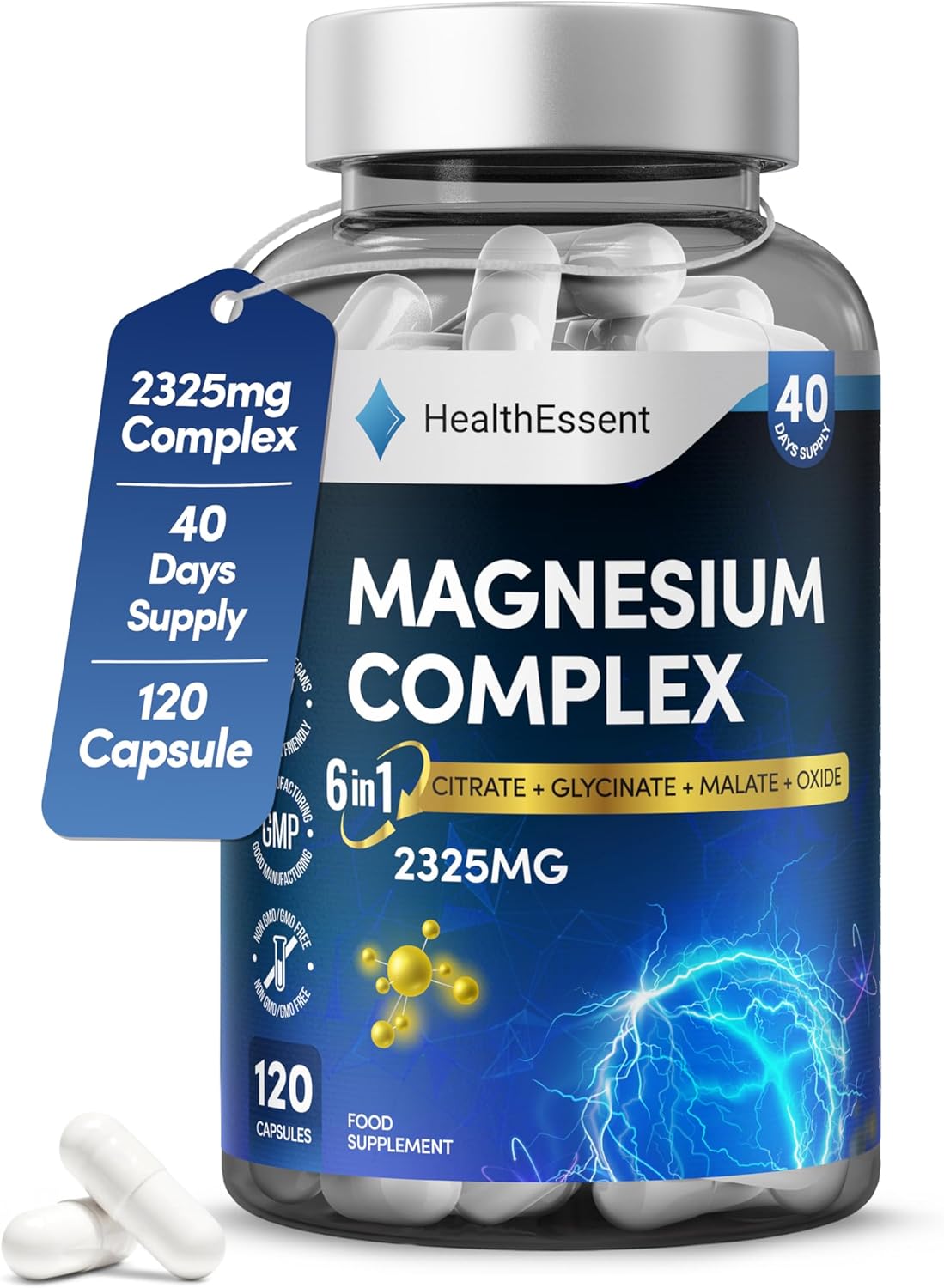 Magnesium 6-in-1 Complex, 2325mg with Magnesium Citrate, Glycinate, Malate, Oxide, Taurate and Orotate - Promotes Sleep, Energy and Muscles - For Stress & Anxiety Relief - 120 Capsules by HealthEssent