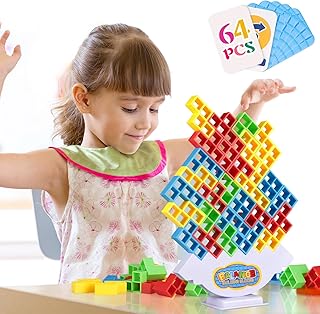 64Pcs Tetra Tower Game, Stack Attack Family Board for 2 Players Family Games, Building Blocks Stacking Balance Games Toys for Kids, Adults, Friends, Classroom, Family and Travel Party