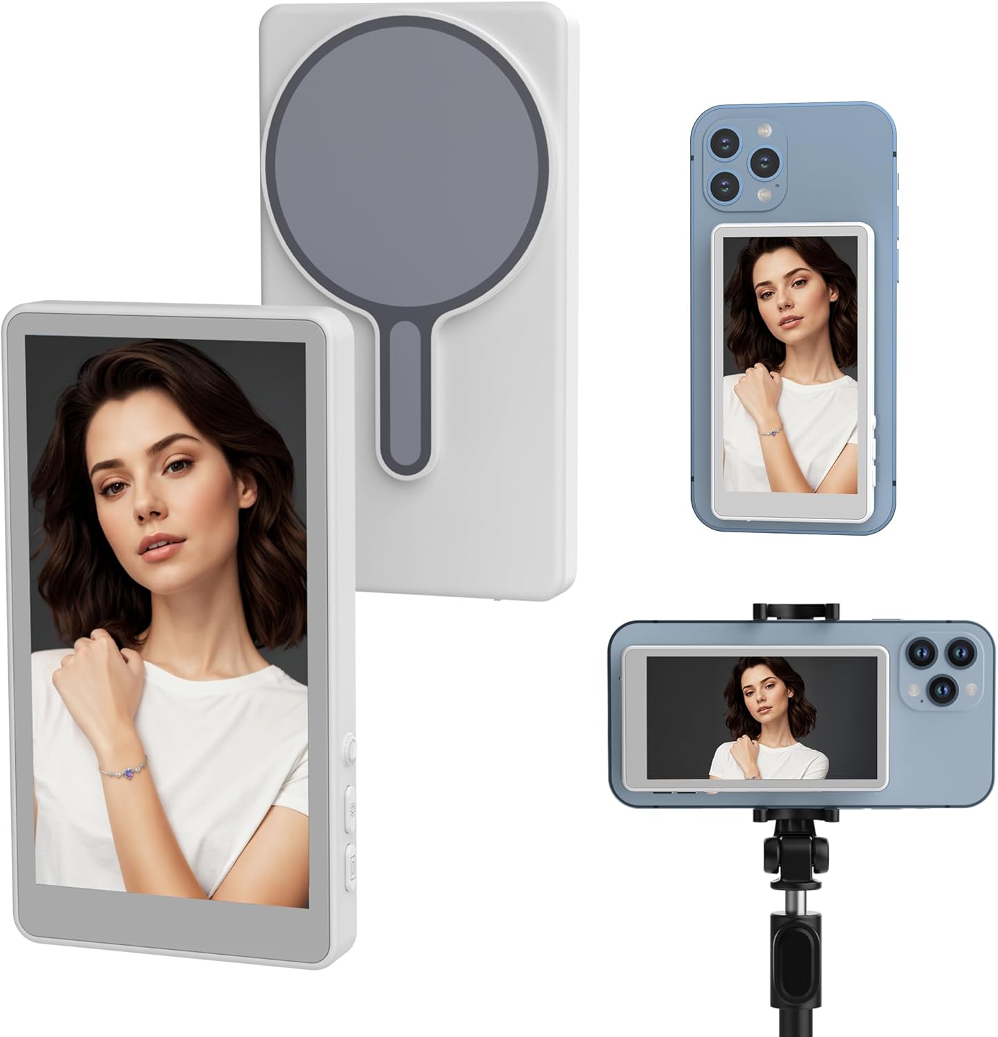 APEKX Phone Vlog Selfie Monitor Screen, Enhanced Phone Vlog Screen for Live Streaming, Compact Selfie Screen Monitor Compatible with iPhone Android for Vlogging and TikTok Content Creation (White)