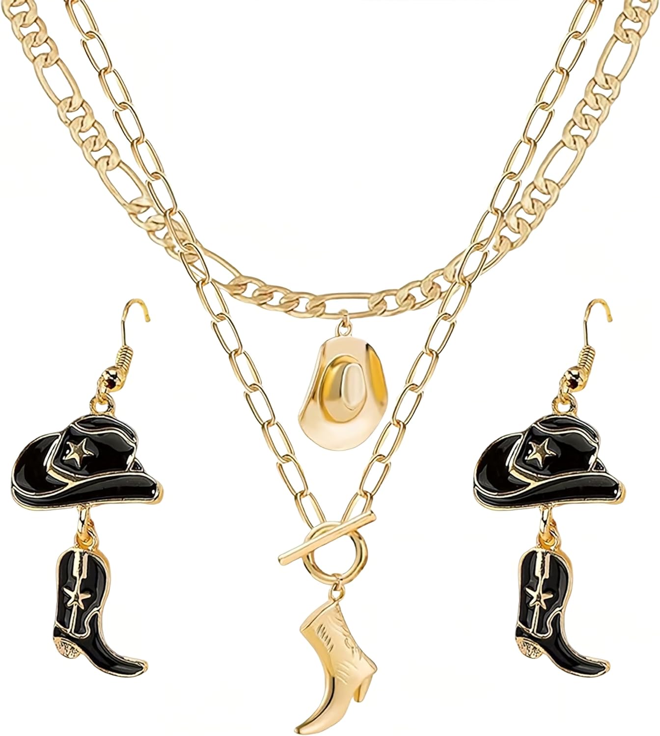 ZcrPrn Cowgirl Accessories for Women,Cowgirl Outfit,Cow Girl Outfit Women Include Cowboy Earrings and Double Cowboy Necklace Personalized Style Accessories