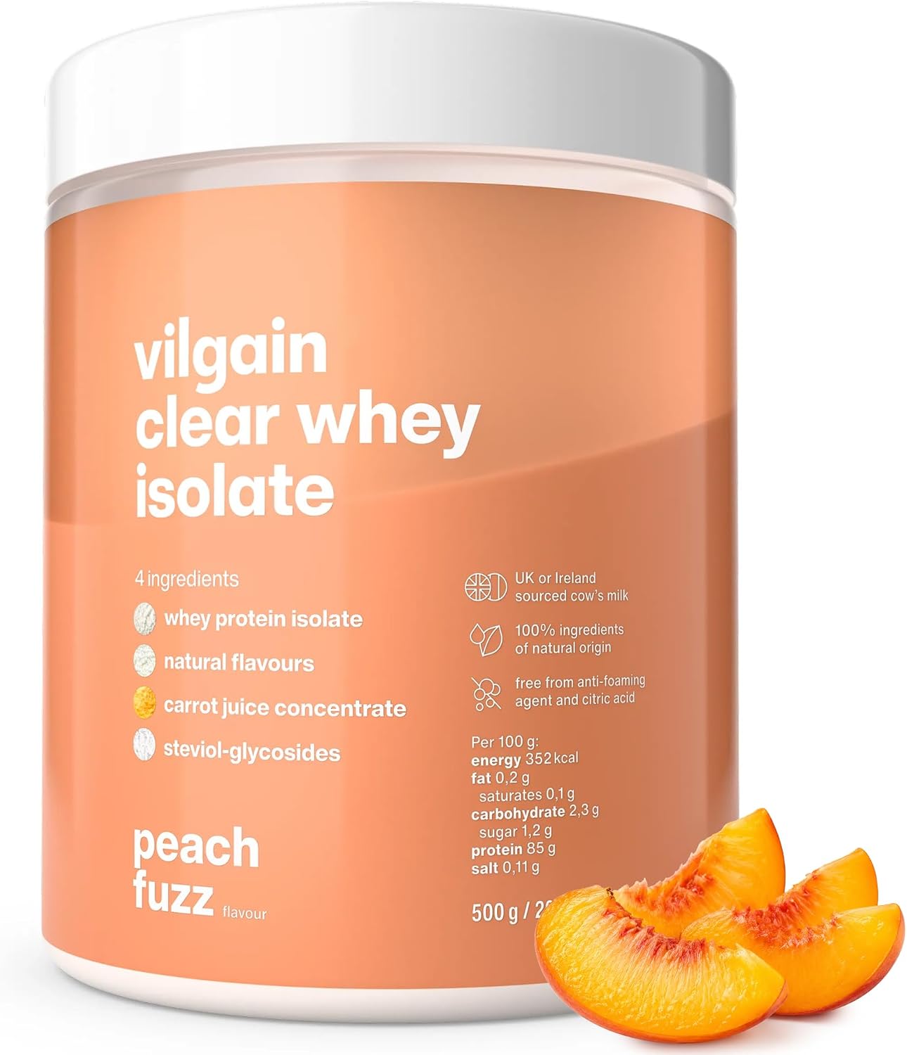 Vilgain Clear Whey Isolate Peach Fuzz 500g Refreshing Protein Lemonade with 84% Protein | Naturally Sweetened with Stevia