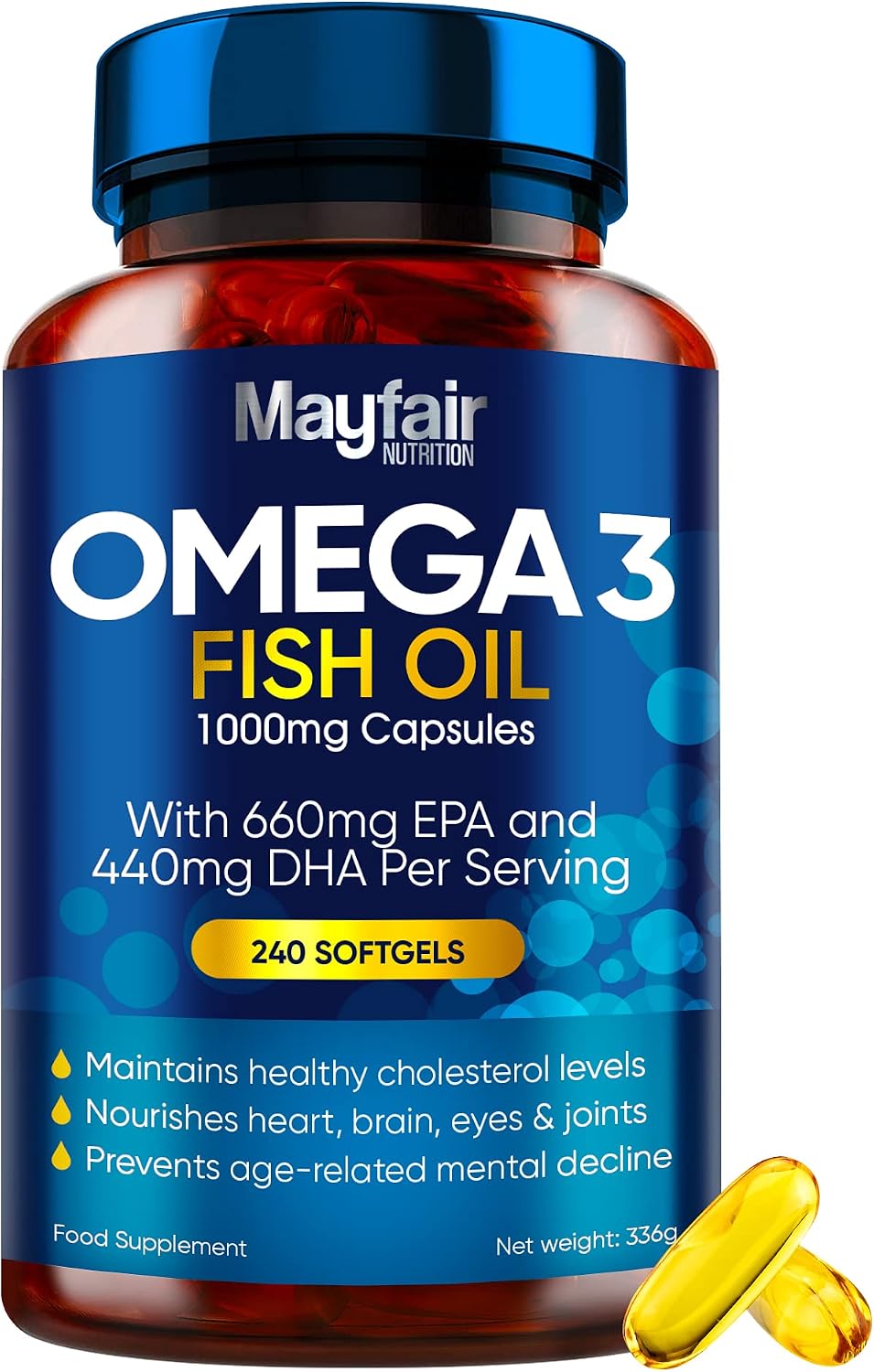 Omega 3 1000mg Capsules - 240 Fish Oil Tablets with 660mg EPA & 440mg DHA per Daily Serving - Supports Heart, Vision, & Brain Health - 4 Months Supply - Made in UK…