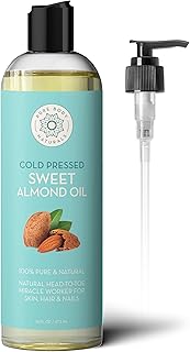 Pure Body Naturals Sweet Almond Oil for Hair and Skin, 100% Pure and Cold Pressed, Hexane Free, Skin Moisturizer, Nails, Therapeutic Massage, Carrier Oil 16 Fl. Ounce (Label Varies)