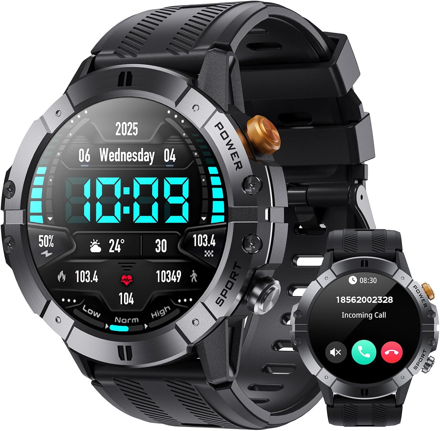 VIRAN Military Smart Watch for Men, 1.52'' Outdoor Fitness Watch with Heart Rate/SpO2/Sleep/BP Monitor, IP68 Waterproof Fitness Tracker with Step Counter for Android iOS, 100+ Sports Modes Smartwatch