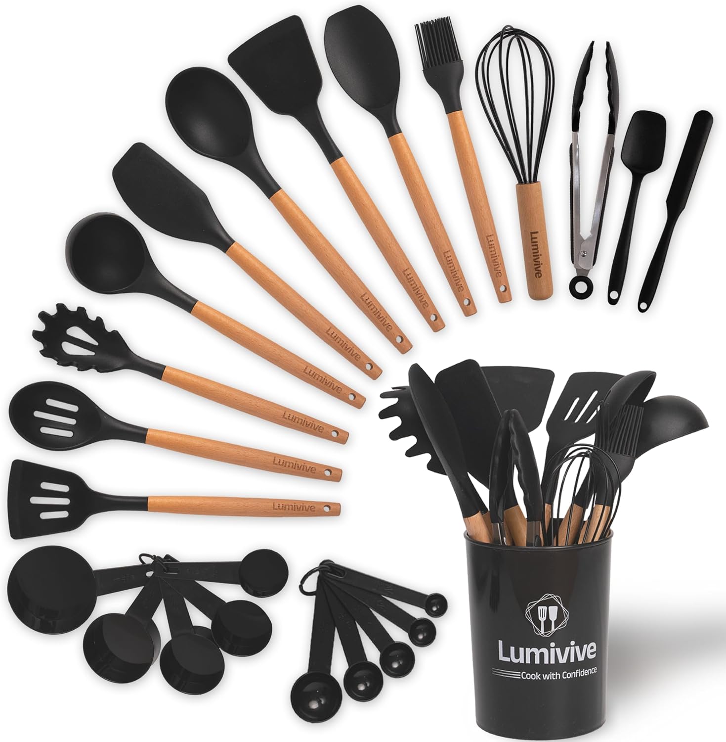 Lumivive Kitchen Utensils Set– Food-Grade Silicone -Elevate Culinary Experience w 24-Piece Premium Cooking Utensils Set-Hanging Loops for Storage Silicone Kitchen Utensils Set(Avoid Abrasive for Wash)