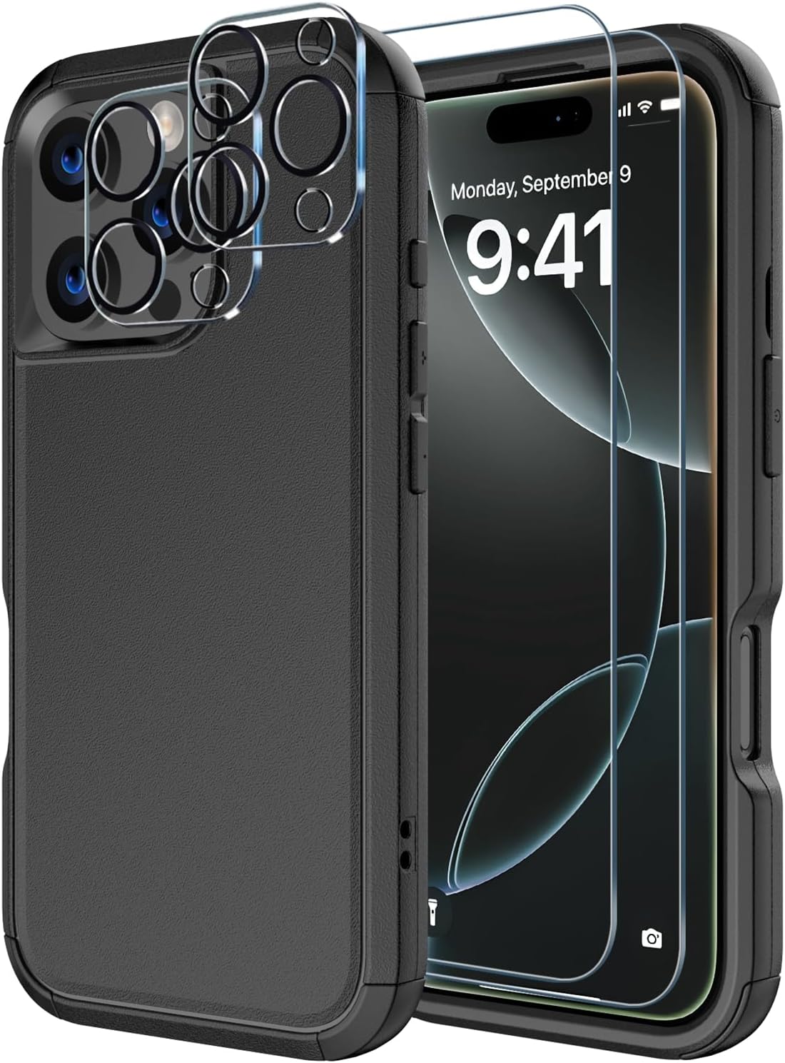 Diverbox for iPhone 16 Pro Case [Shockproof] [Dropproof] [Tempered Glass Screen Protector + Camera Protectors] Heavy Duty Protection Phone Case Cover for Apple iPhone 16 Pro (Black)