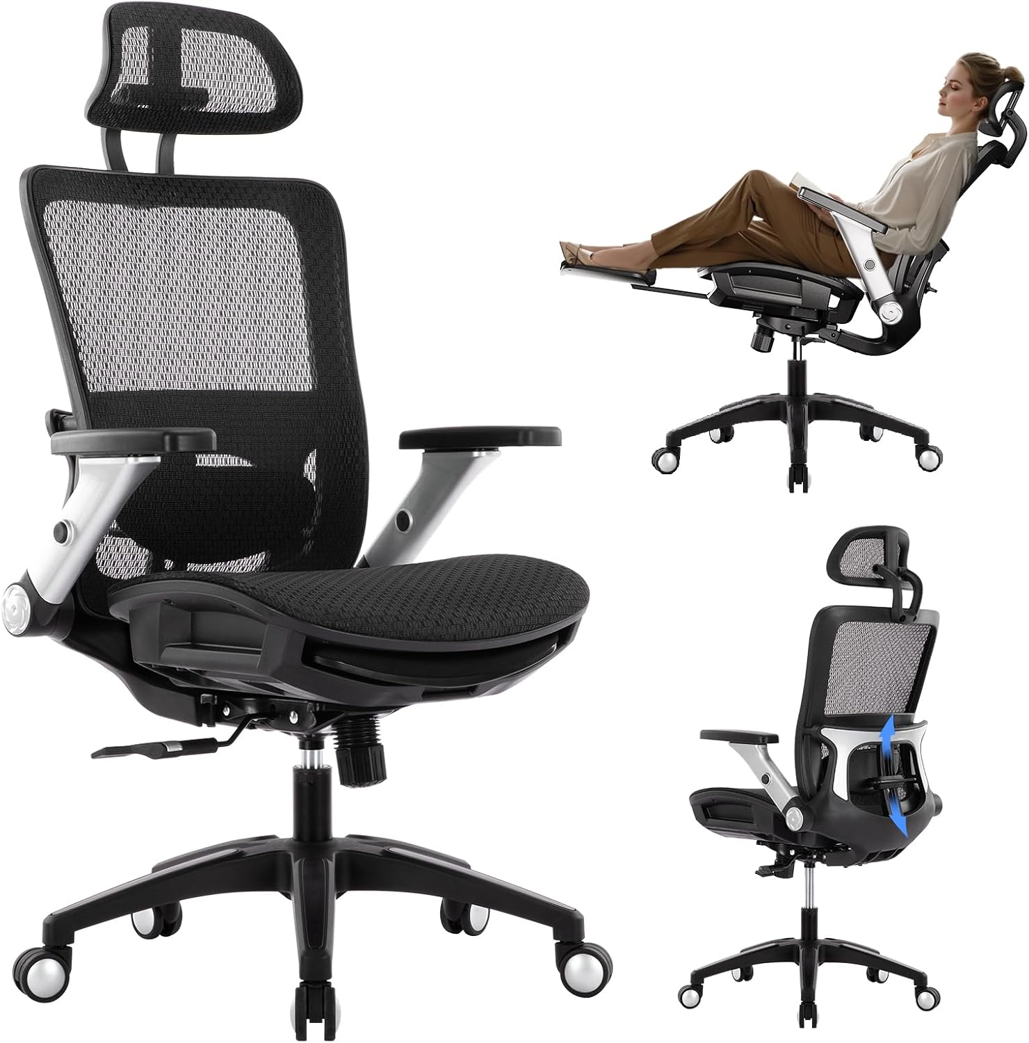 COLAMY Ergonomic Mesh Office Chair with Footrest - High Back Computer Desk Chair with Headrest, 4D Flip-up Armrests, Adjustable Tilt Lock, and Lumbar Support for Ultimate Comfort, Black
