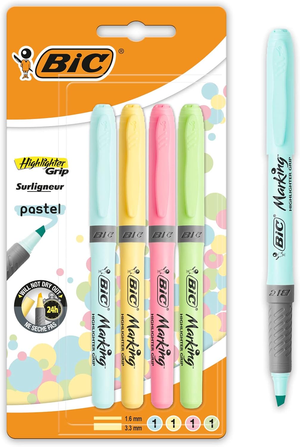 Bic Highlighter Grip Pens with Anti-Drying Technology in 4 Assorted Colors, Water-Based, Pack of 4