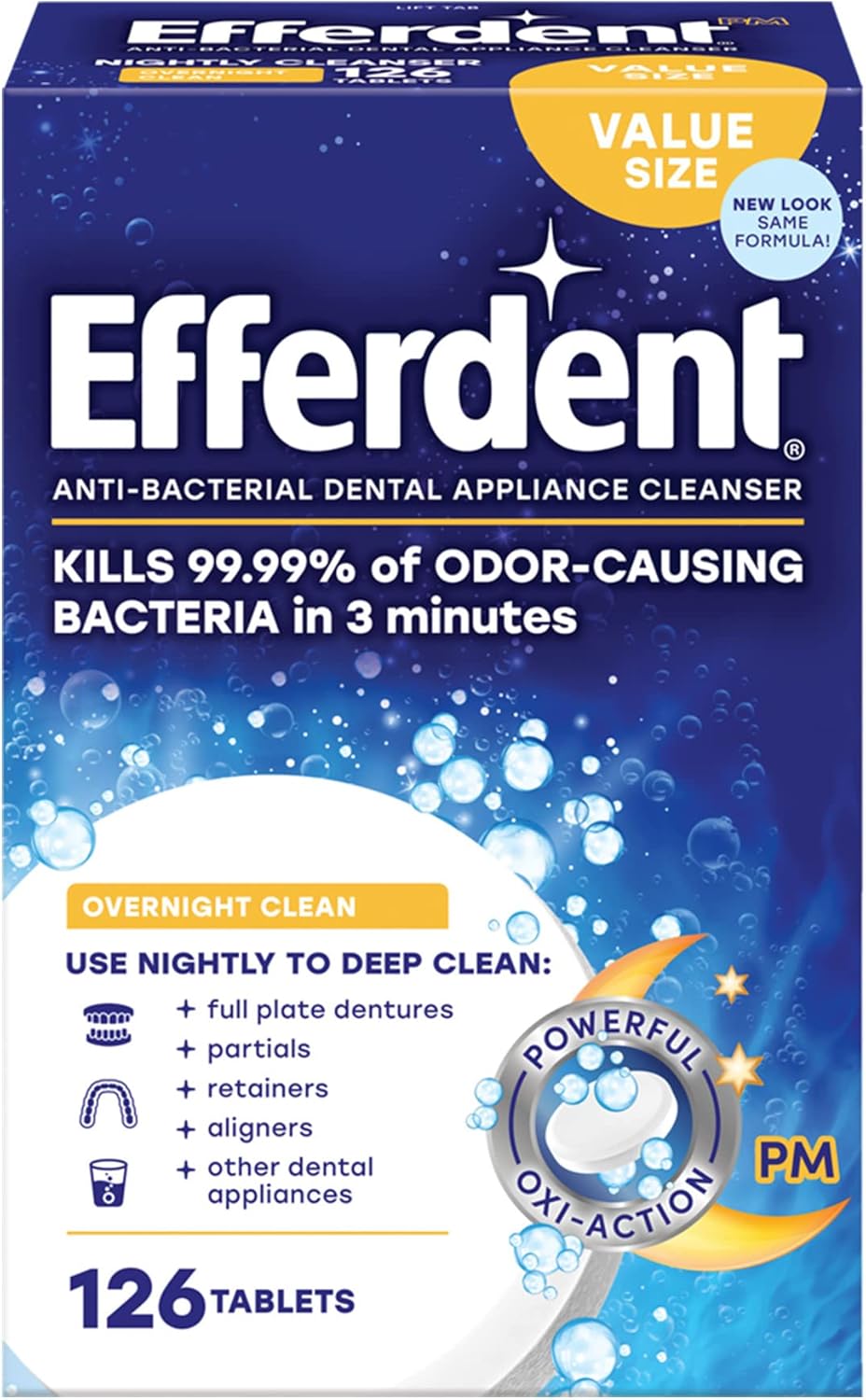 Efferdent Retainer Cleaning Tablets, Denture Cleaning Tablets for Dental Appliances, Overnight Whitening, 126 Count