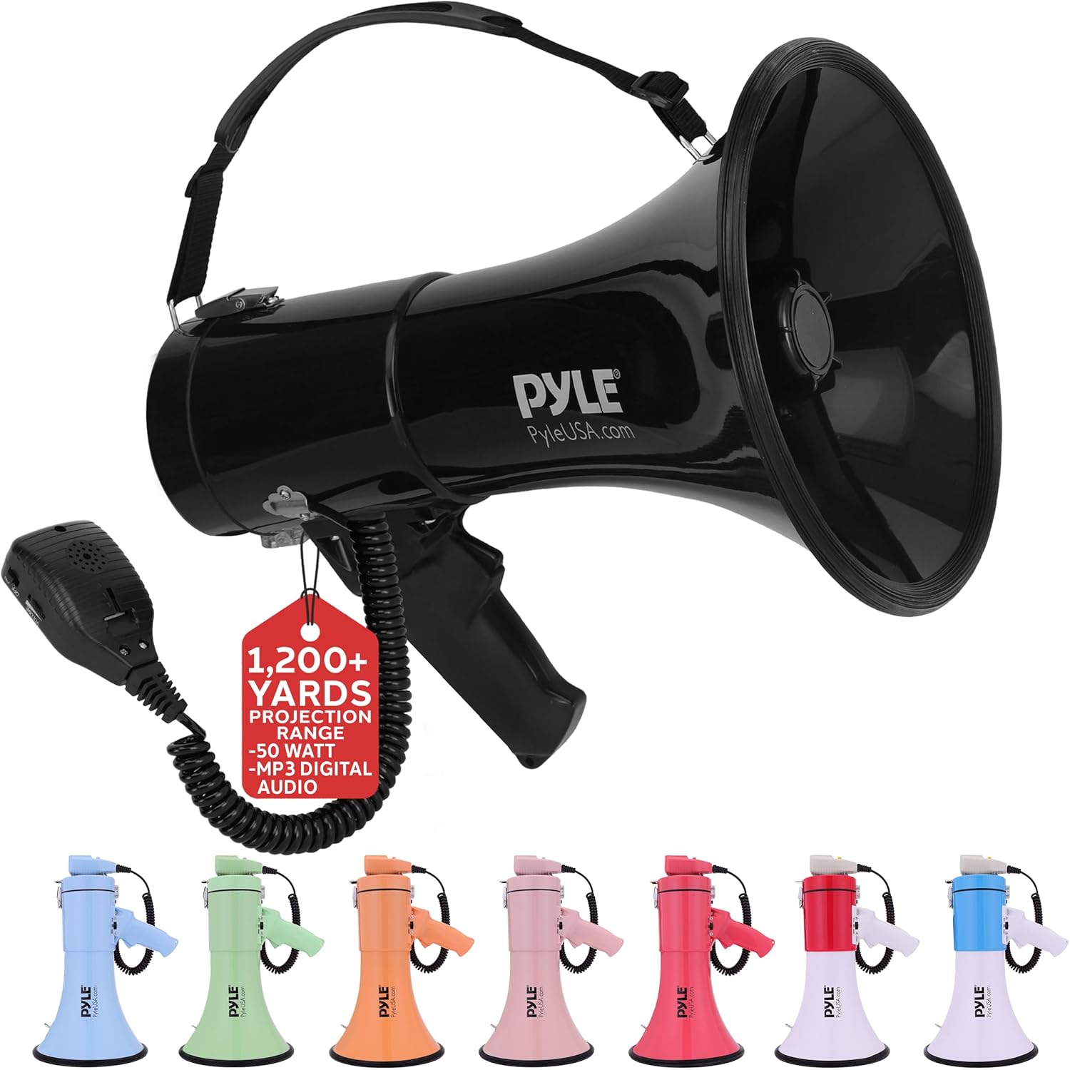 Pyle 50W Megaphone Bullhorn - Portable, Automatic Siren & Adjustable Volume, Projection Range Up to 1200 Square Yards, Aux Input, Talk, Siren, Music, Whistle, & Record, Shoulder Strap (Black)