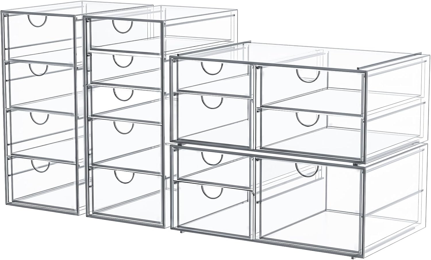 Makeup Organizer Storage With 16 Drawers, 4 Pcs Desktop Office Supplies, Desk Organizers, Clear Accessories, Dustproof Drawer and for Make Up, Jewelry, Pen, Stationary