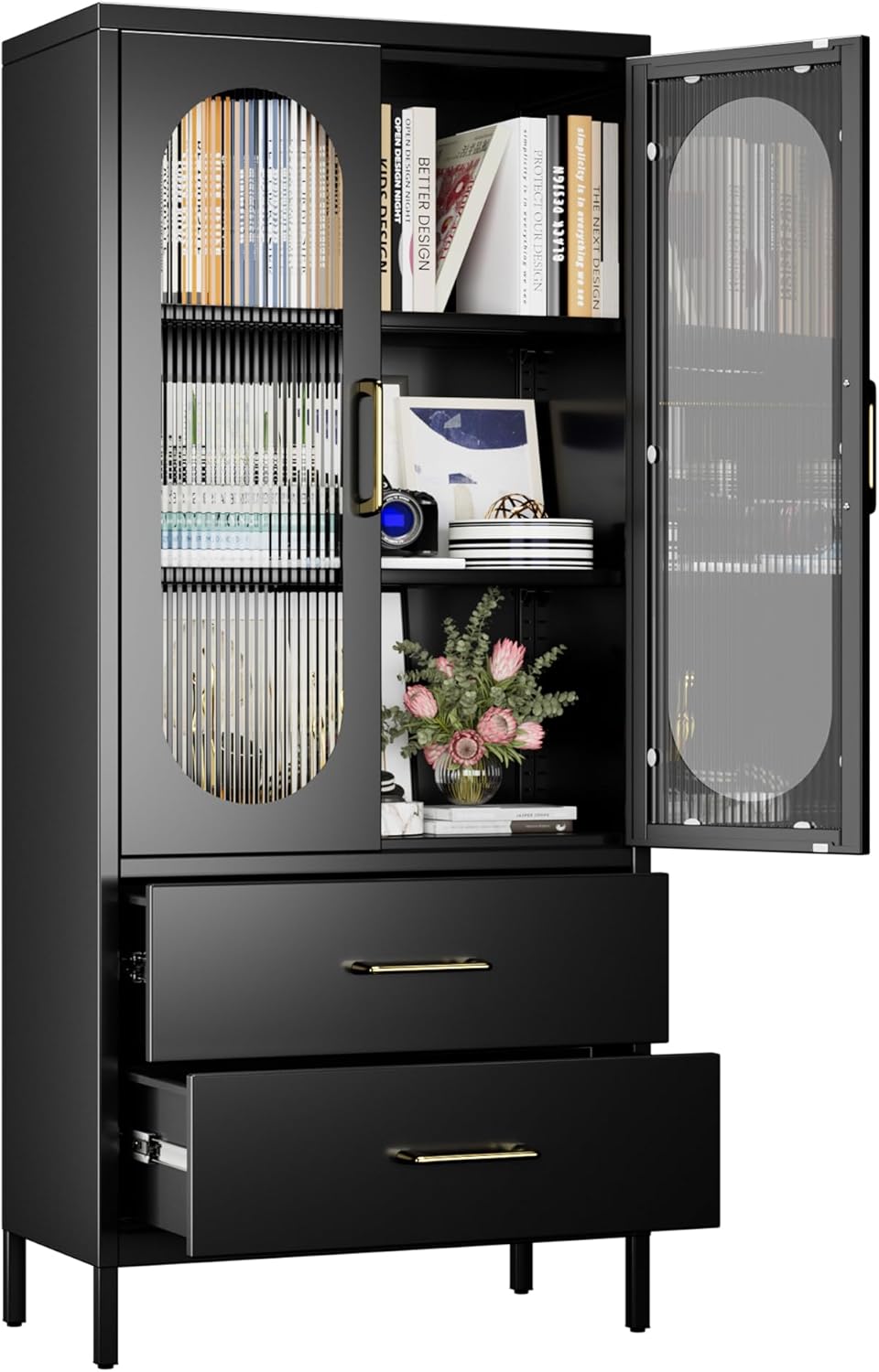 Aobabo Metal Office Files Storage Cabinet with 2 Drawers and 2 Adjustable Shelves - 155cm High Glass Doors Black Storage Cabinet,3-Tier Tall Steel Cabinets for,Living Room,Office,Assembly Required