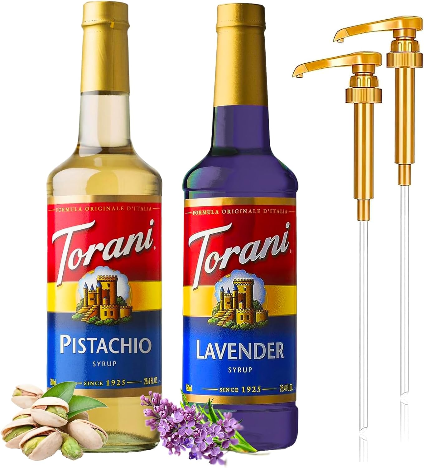 Premium Coffee Syrup Variety Pack Syrup for Coffee with 2 AlphaPantry Syrup Pump Dispenser Compatible with Torani Syrup 25.4 Ounces for Flavored Coffee (Lavender & Pistachio)