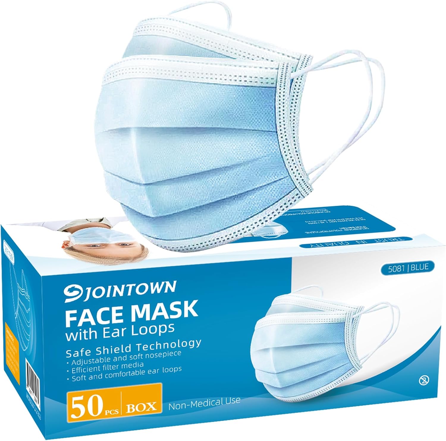 Jointown Disposable Face Mask - 3 Ply Filter Protection Face Masks, 50 Pack Blue