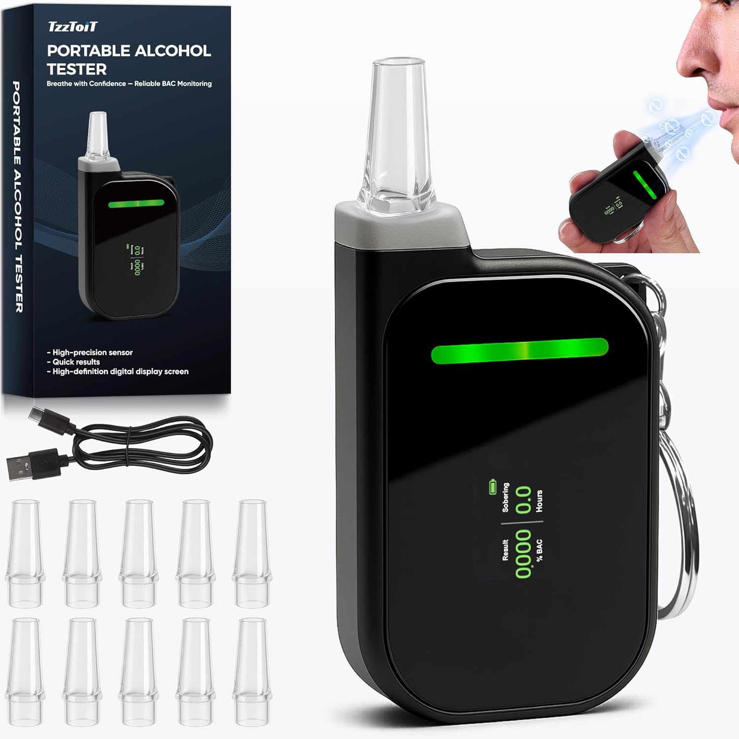 Portable Breathalyzers for Alcohol, Professional-Grade High Accuracy Alcohol Breathalyzer Tester Keychain, USB Rechargeable, 3-Color Warning & Sobriety Time Reminder, 10 Mouthpieces Included, Black