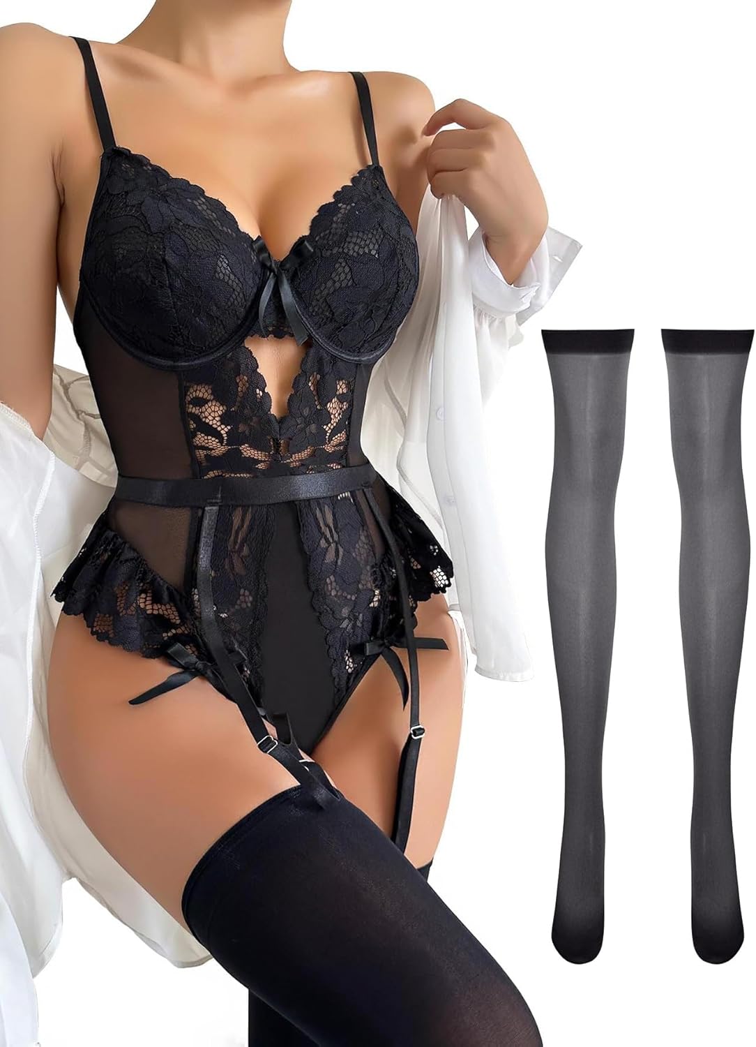 Lilosy Sexy Stocking Lace Mesh Bodysuit Top Underwire Garter Lingerie Set 3 Piece