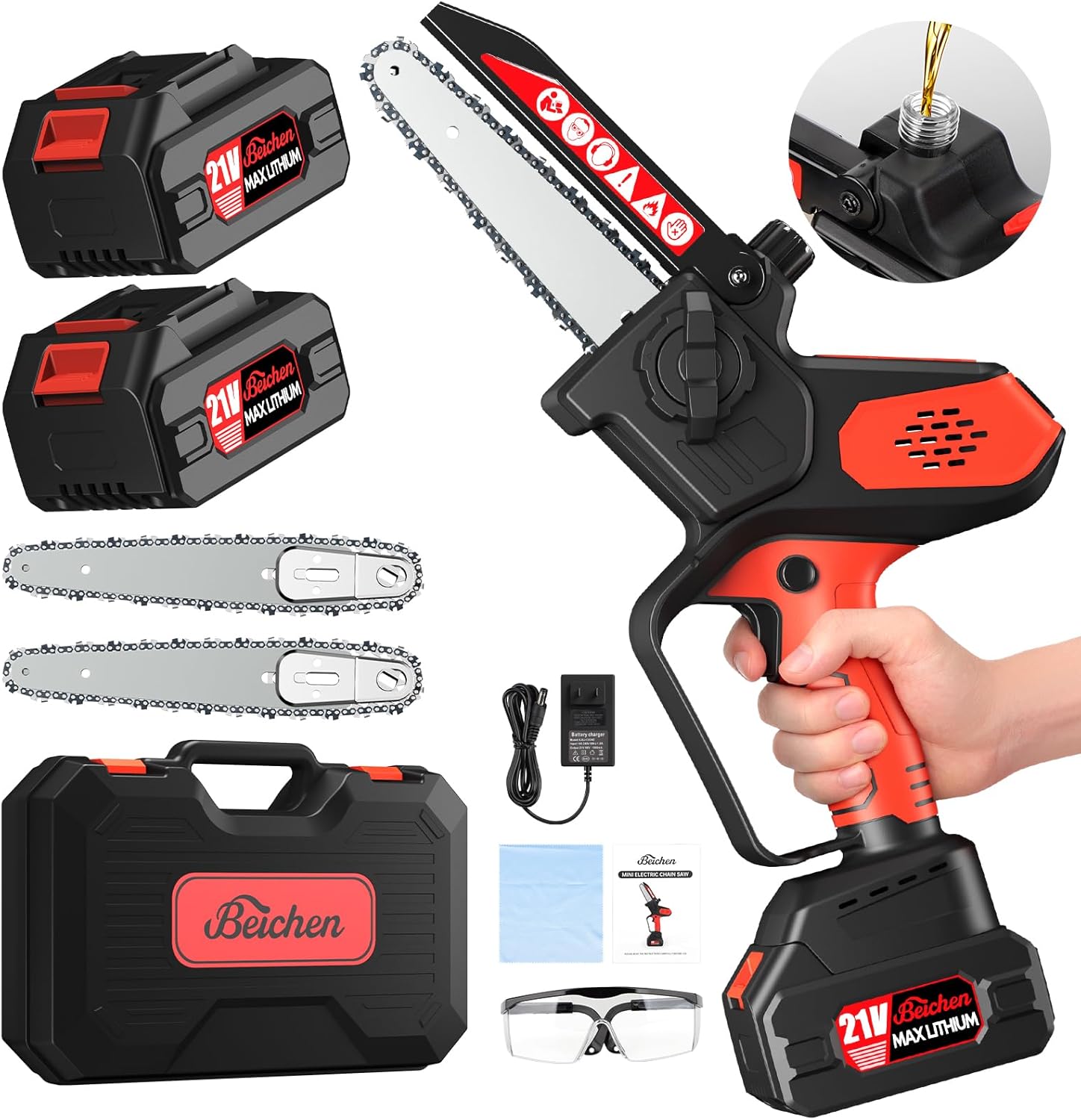 Mini Cordless Chainsaw, 6 Inch Handheld Brushless Chain Saw with 2 Battery & Replacement Integrated Chain, Battery Powered Mini Chainsaw for Wood Cutting Tree Trimming