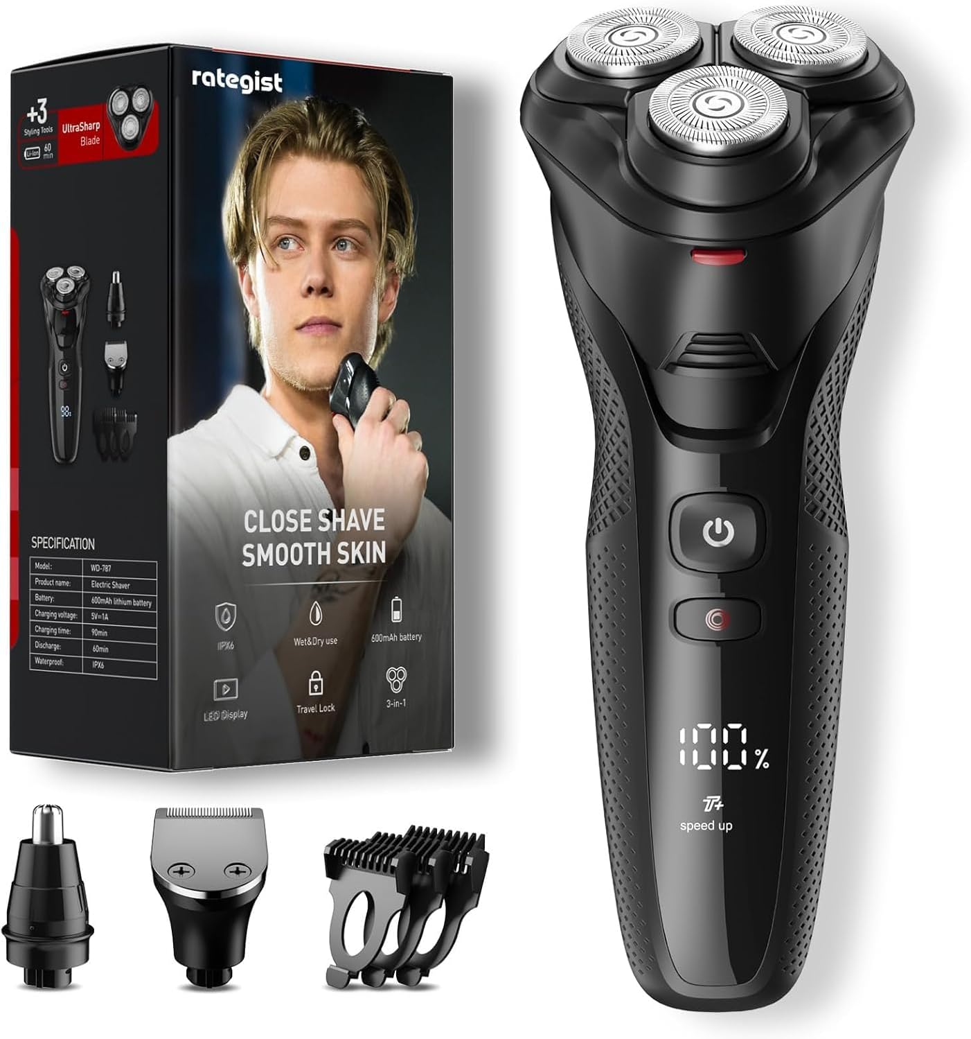 Cordless Electric Razor for Men: 3-in-1 Shaver for Beard/Nose/Sideburns - IPX7 Waterproof Travel Kit - Precision Blades & Turbo Speed ，Soul Black