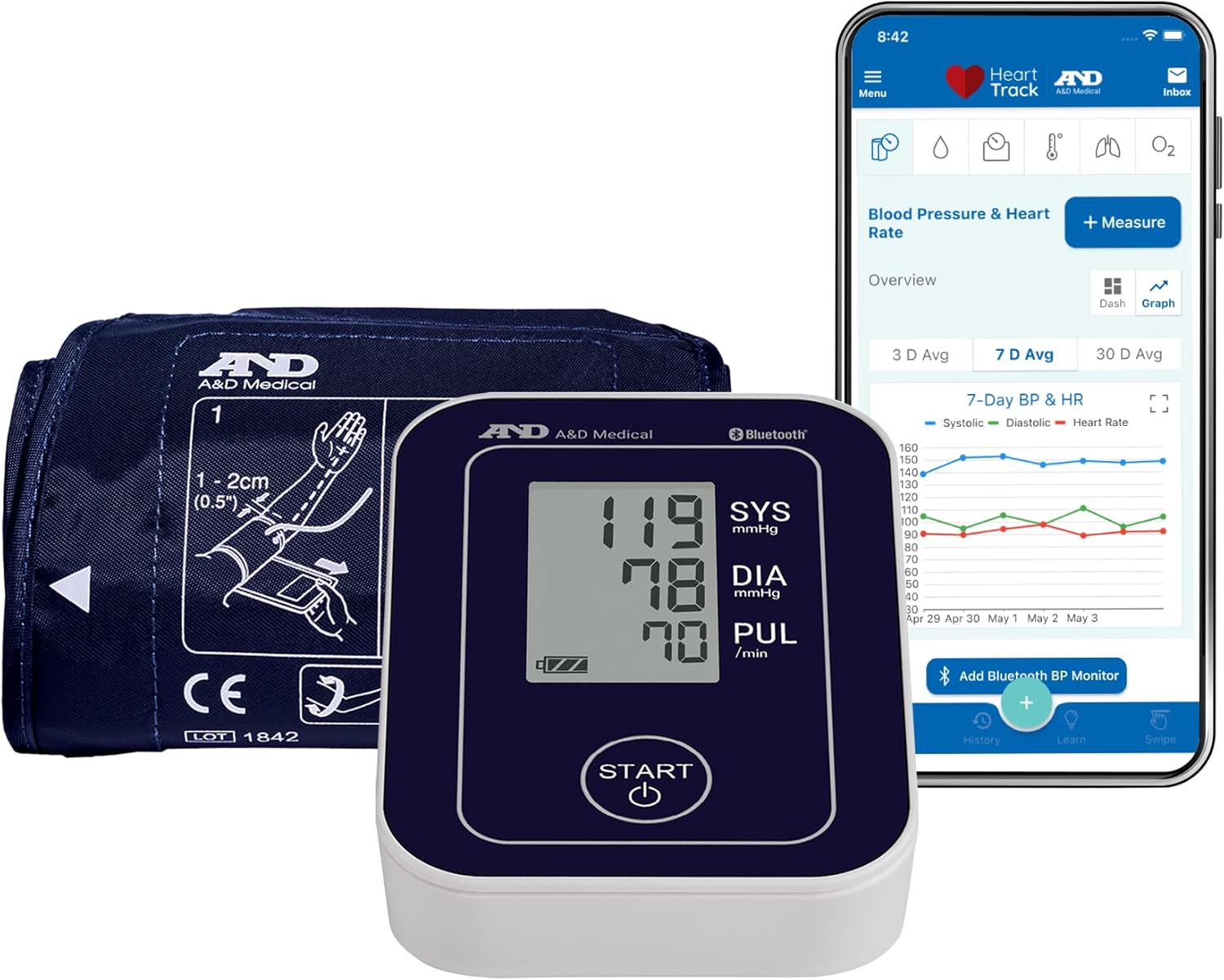 A&D Medical Bluetooth Blood Pressure Monitor for Home Use, UA-651BLE – Upper Arm Precise BP Machine – Wide Range Cuff (8.6” / 22-42cm), App is iOS & Android Compatible, AA Batteries, FSA/HSA Eligible