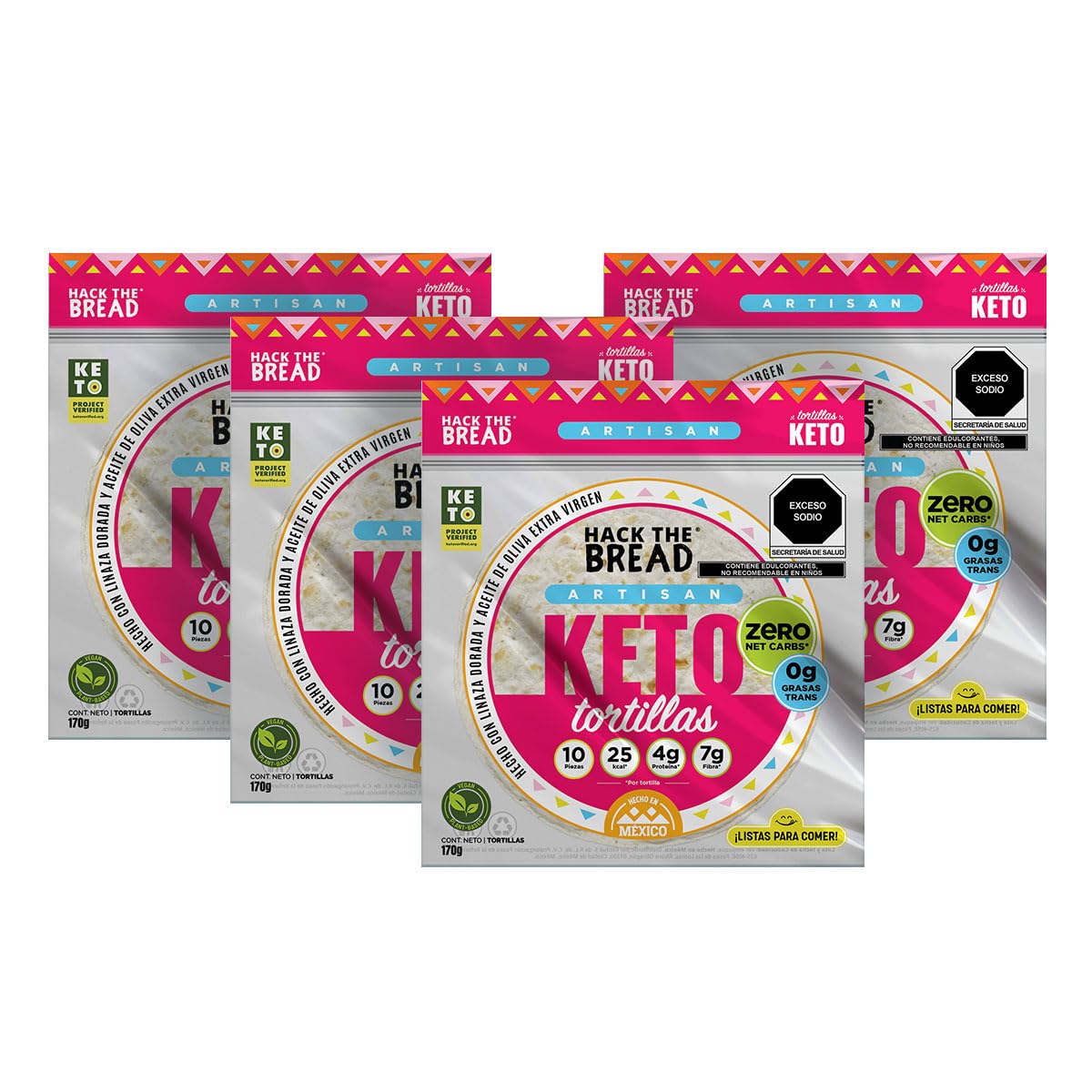 Hack The Bread® Keto Tortillas, Zero Carb, Sugar Free, Made with Olive Oil and Flaxseed in Mexico - 25 Calories, 4 g Protein, 7 g Fiber - 3 Pack with 30 tortillas