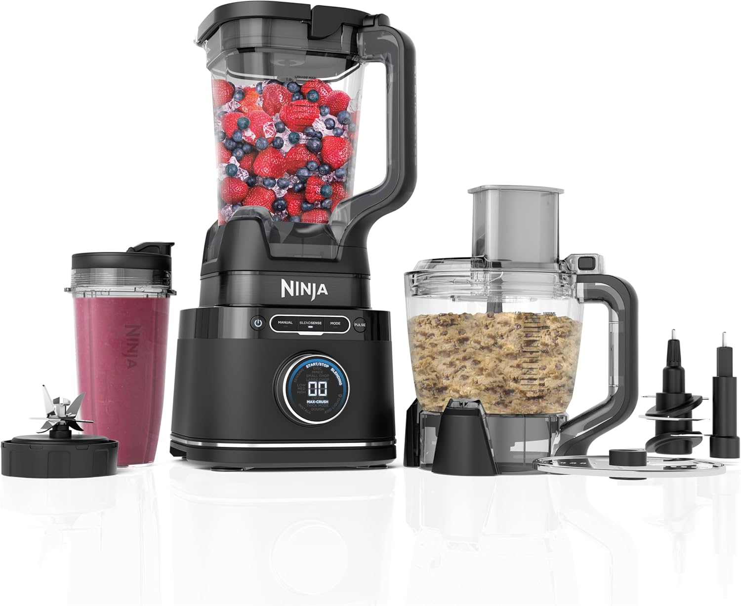 Ninja 3-in-1 Detect Power Blender Processor Pro, Powerful 1200W Blender, Food Processor Bowl, Dough Blade, 1x Single Serve Cup, Jug, Make Pizza Dough, Blend, Chop & Mix, Black, TB401UK
