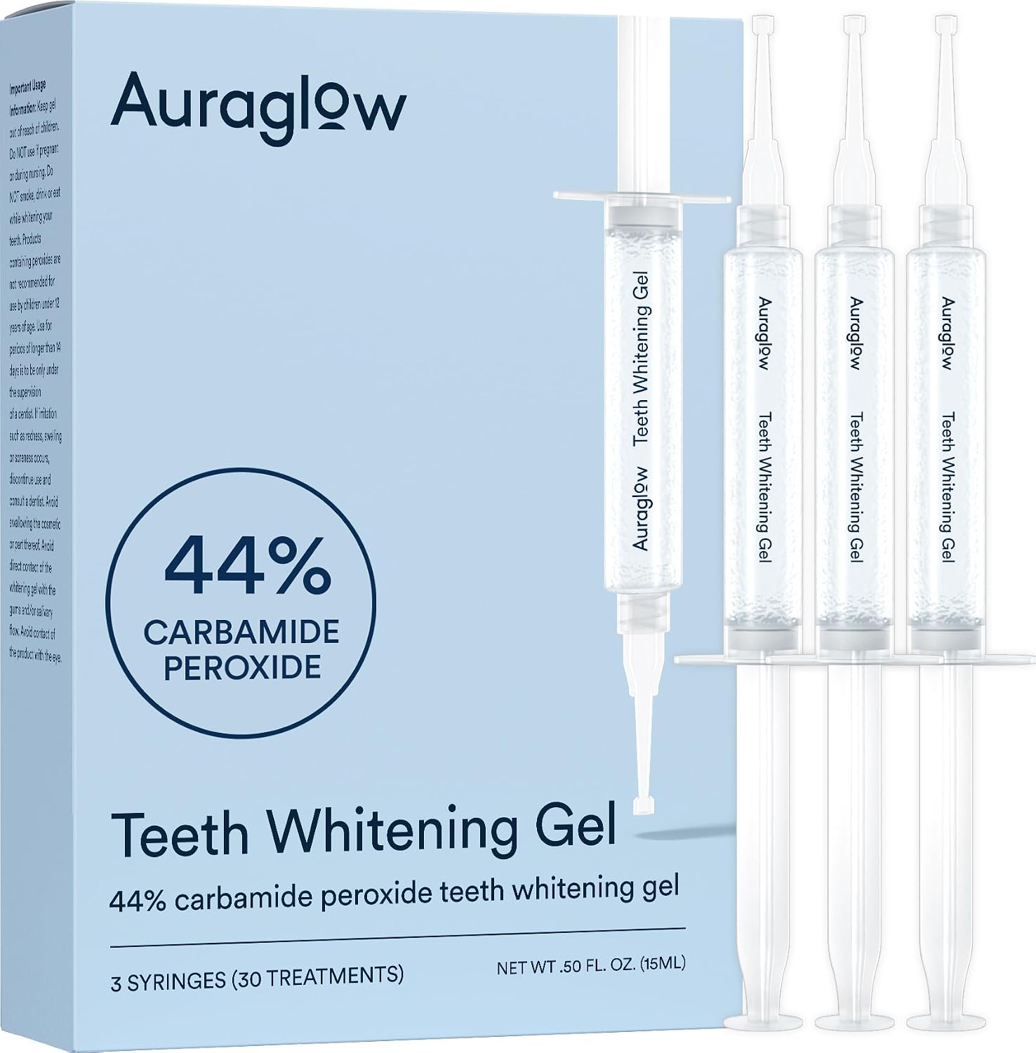Auraglow 44% Teeth Whitening Gel for Trays, Retainers & Aligners – Dentist Strength Carbamide Peroxide Whitener, 30 Treatments, 3 Syringes (5mL)