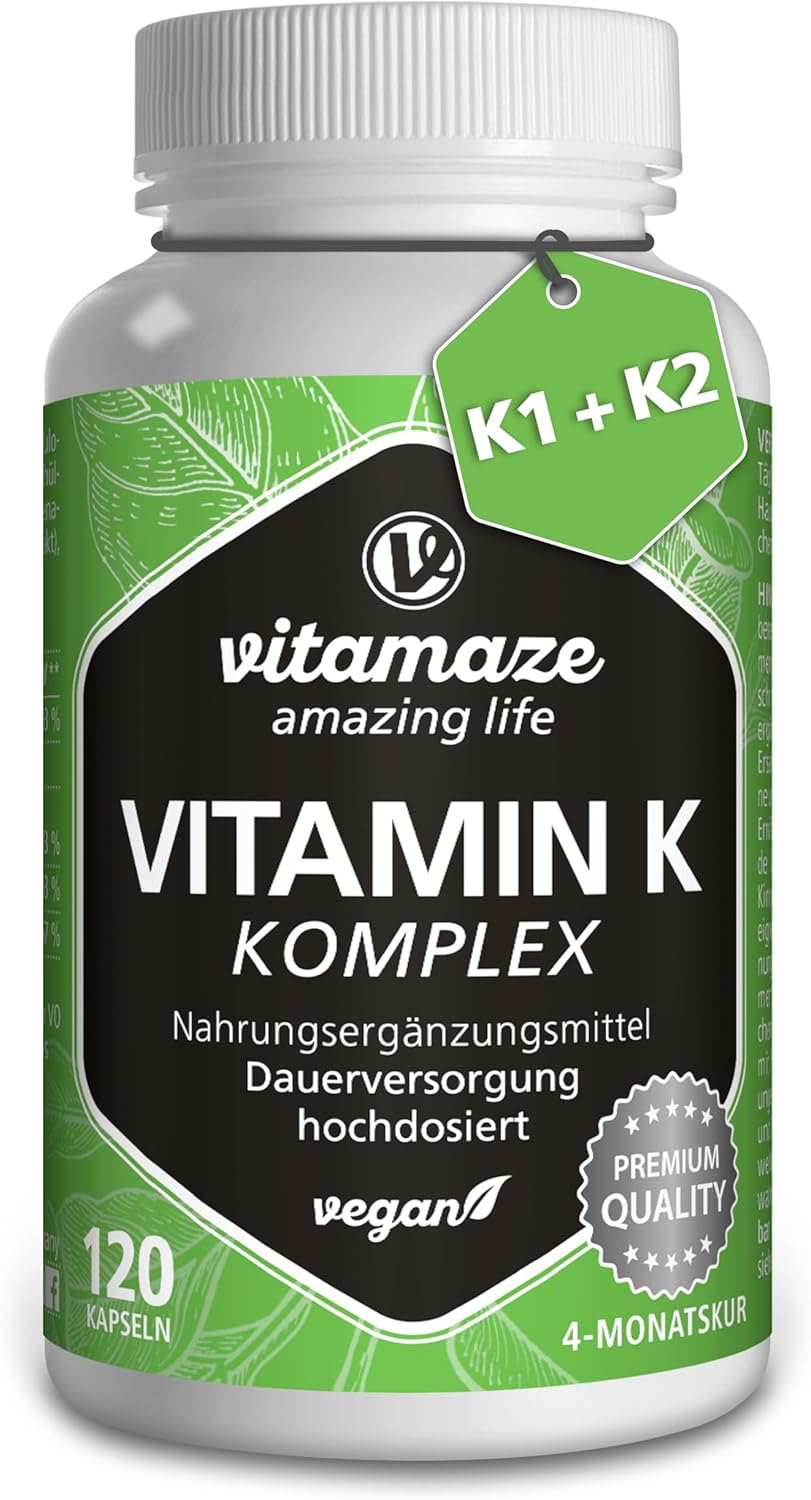 Vitamin K2 + K1 Complex - High Strength (K1 1.000 mcg MK4 + K2 200 mcg MK7 Menaquinone) - 120 Vegan Capsules for 4 Months - Best Bioavailability Supplement - Without Additives- Vitamaze