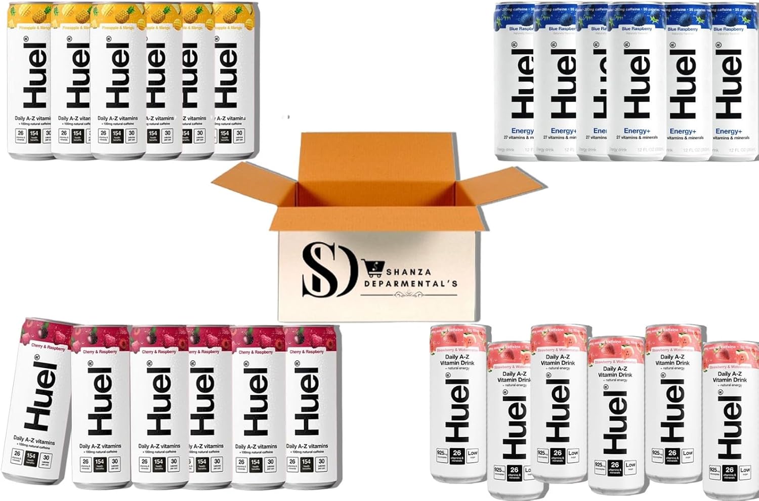 Huuel Daily A–Z Vitamins Energy Drink Variety Pack – 330ml Cans (4 Flavours) | Multivitamin Fizzy Drink Made with Real Fruit, Rich in Electrolytes, Low Calorie, Caffeine Boost (24 Cans)