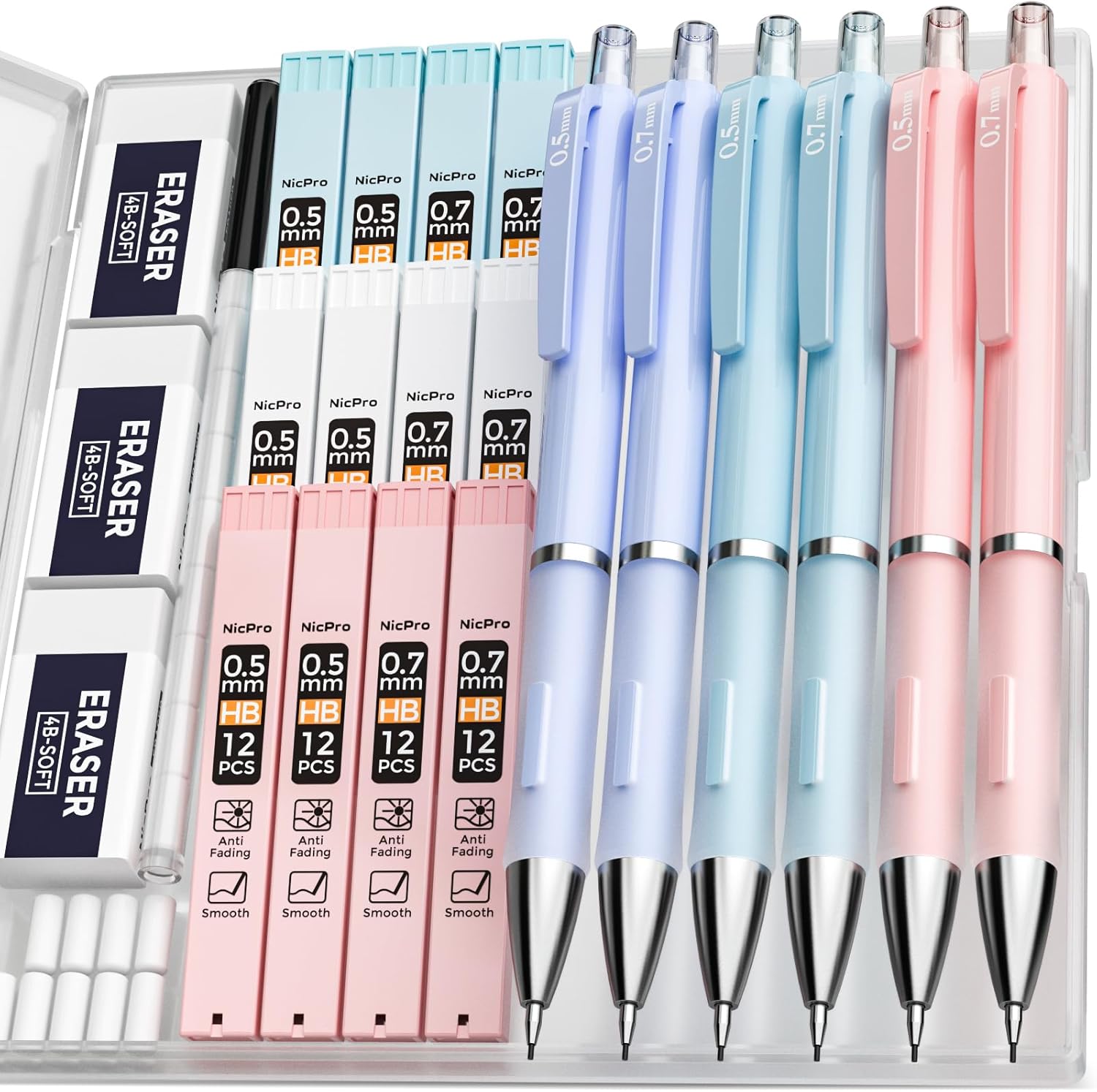 Nicpro 6PCS Pastel Mechanical Pencil Set 0.5 & 0.7 mm with 12 tubes HB Lead Refills, 3 Erasers, 9 Eraser Refills For School Writing, Drawing, Sketching, 3 Colors - With Case