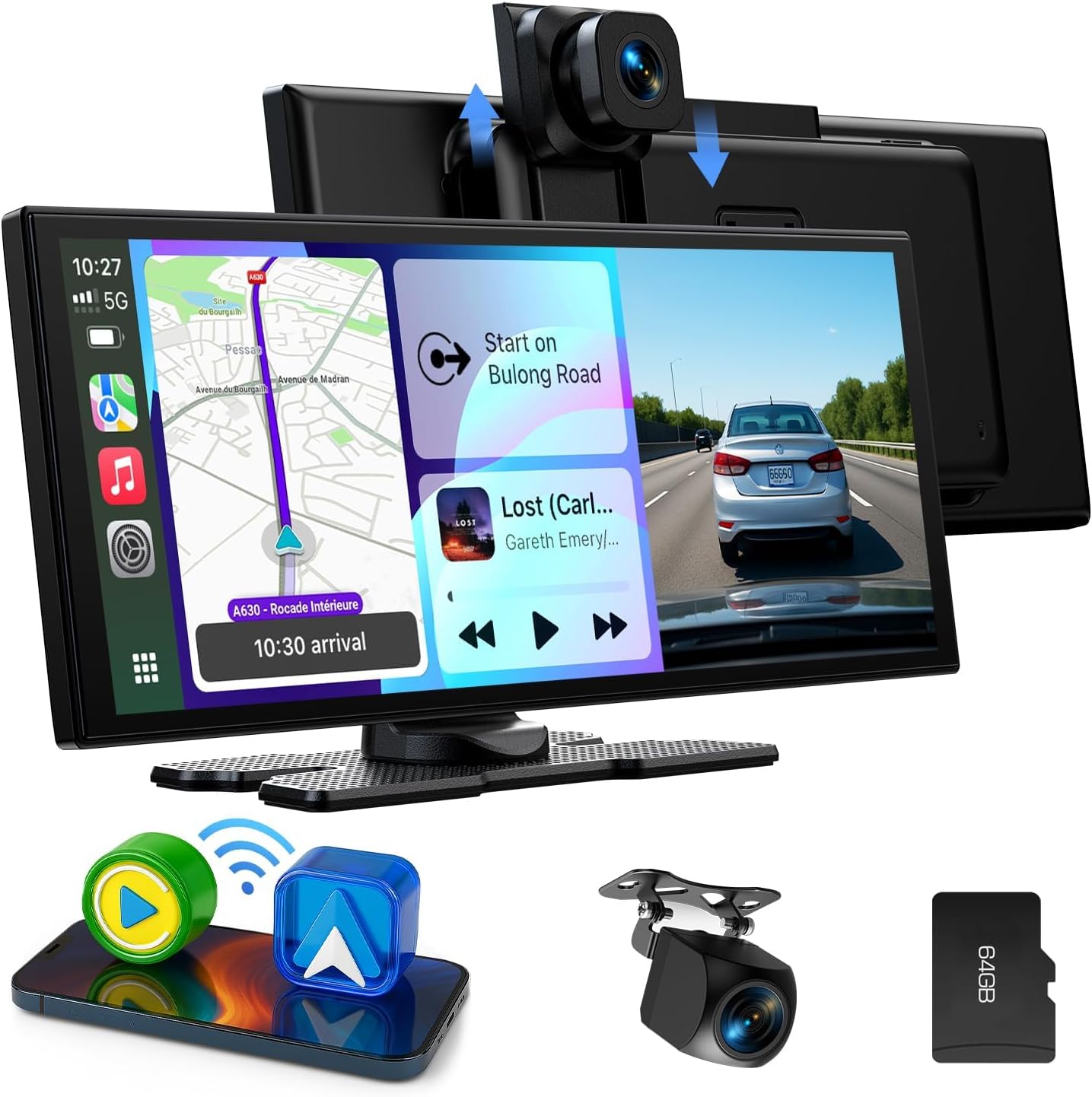 LAMTTO 10.25" Wireless CarPlay Display with Dashcam Front Rear 2.5K+1080P